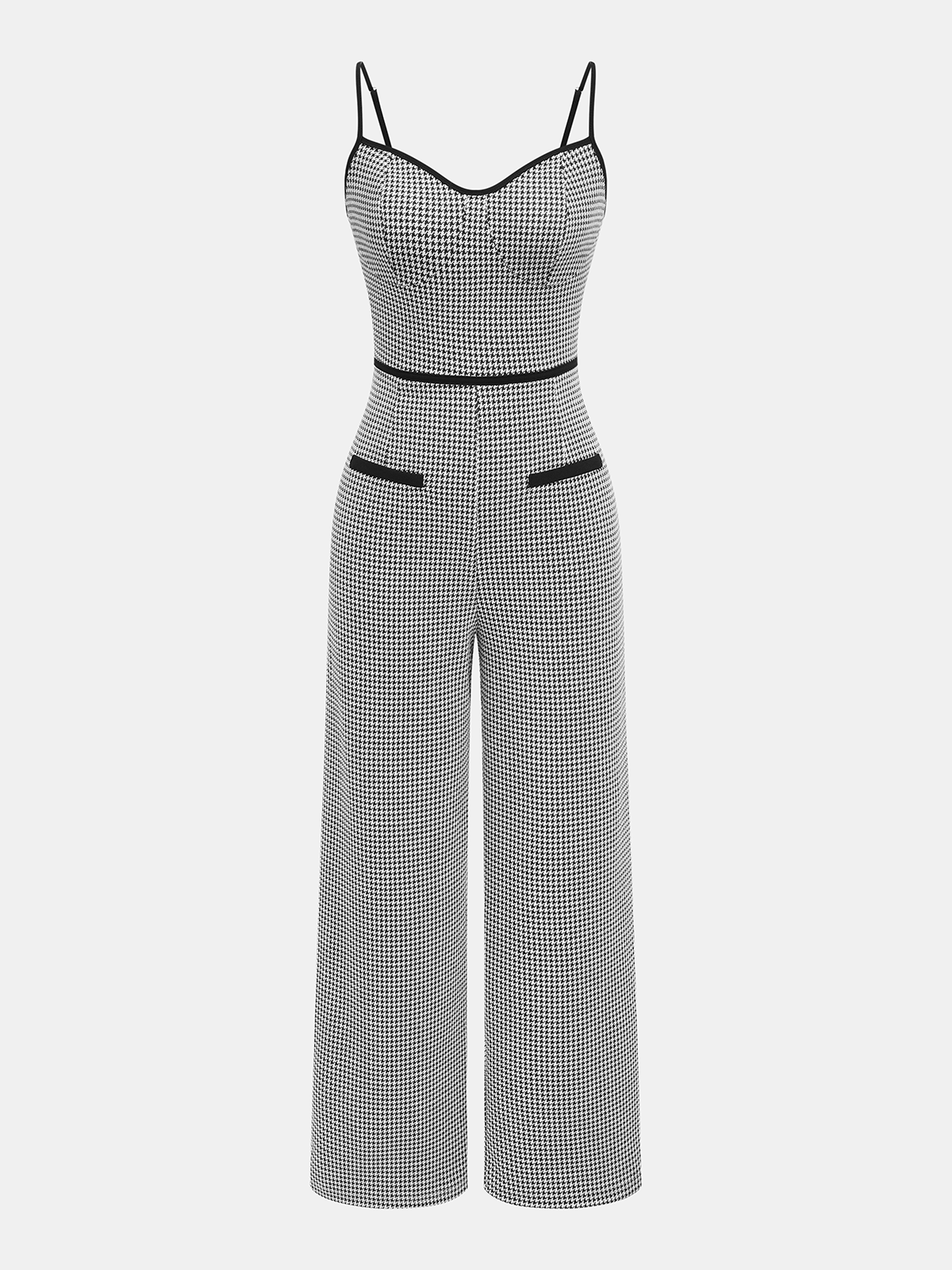 Contrast Trim Houndstooth Cami Jumpsuit-Chicvia