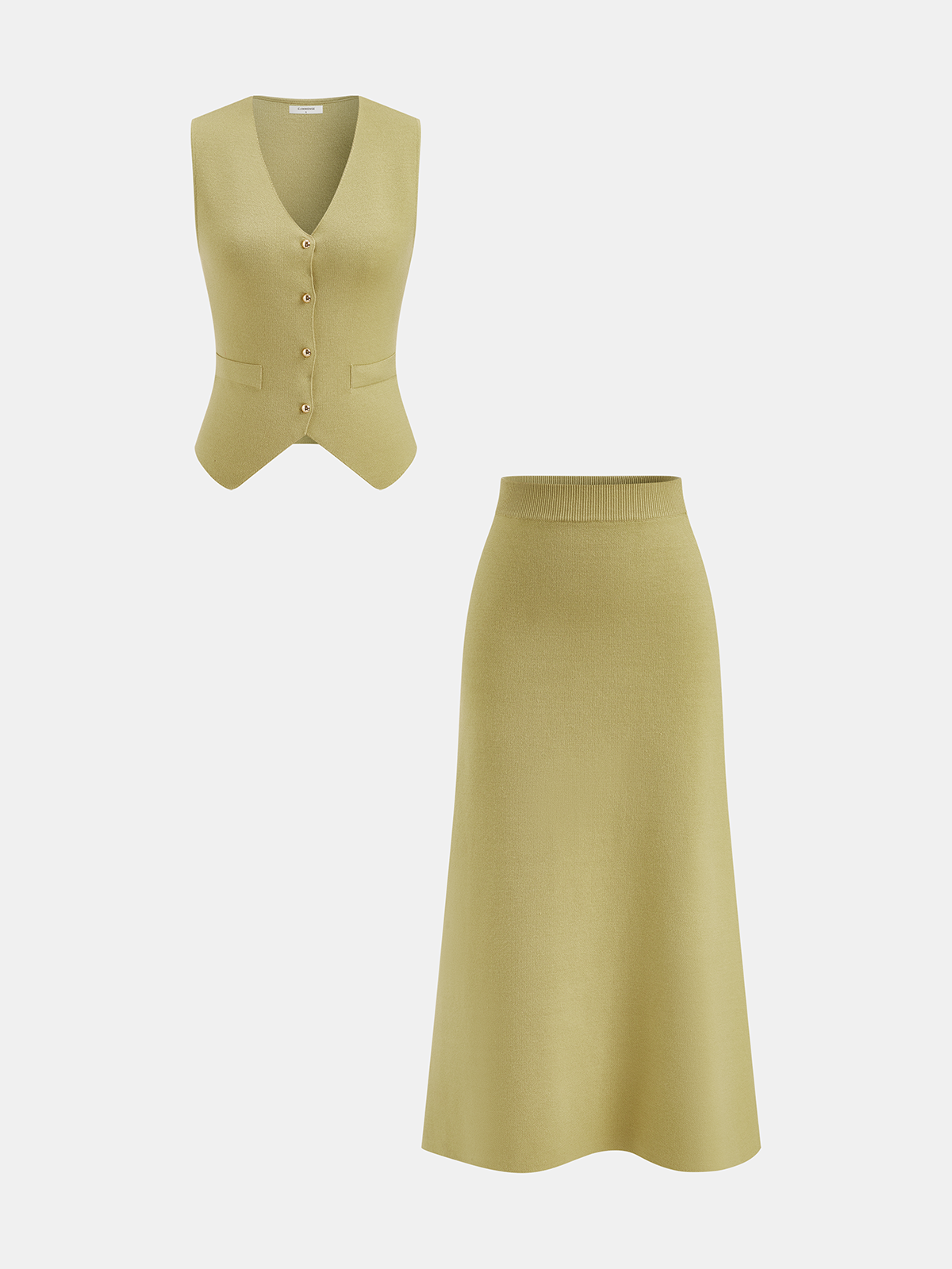 Metal Button Knit Vest & Midi Skirt Set-Chicvia