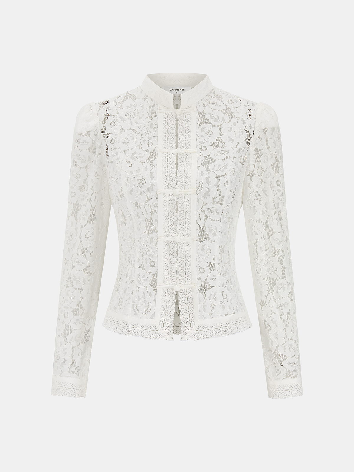 Frog Closure Lace Mandarin Collar Blouse-Chicvia
