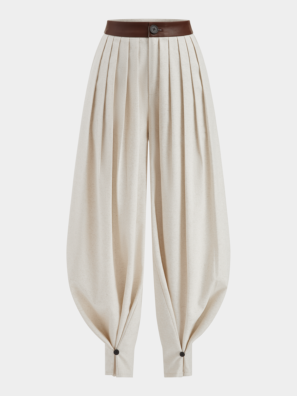 Faux Leather Waistband Pleated Balloon Pants-Chicvia