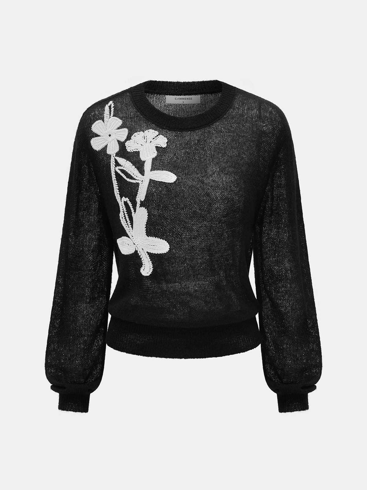 Floral Embroidered Wool-Blend Sheer Sweater-Chicvia