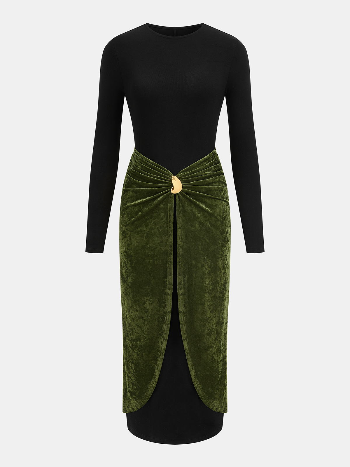 Metal Detail Color-Block Velvet Panel Dress-Chicvia