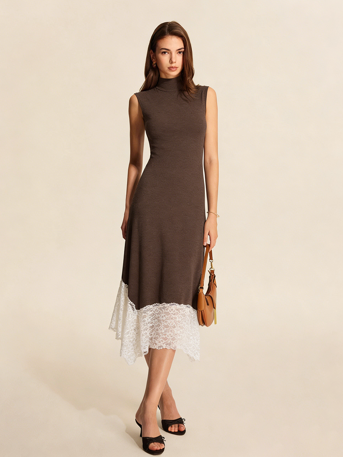 Lace Hem Sleeveless Turtleneck Maxi Dress-Chicvia