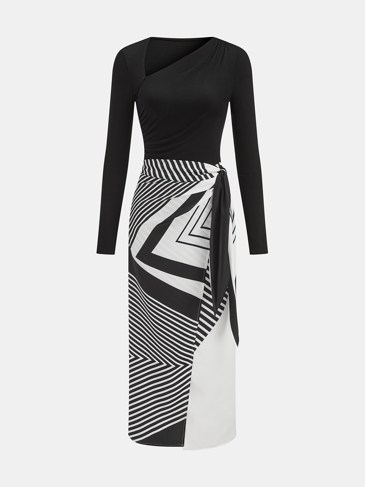 Optical-Illusion Abstract Print Asymmetric Wrap Dress-Chicvia