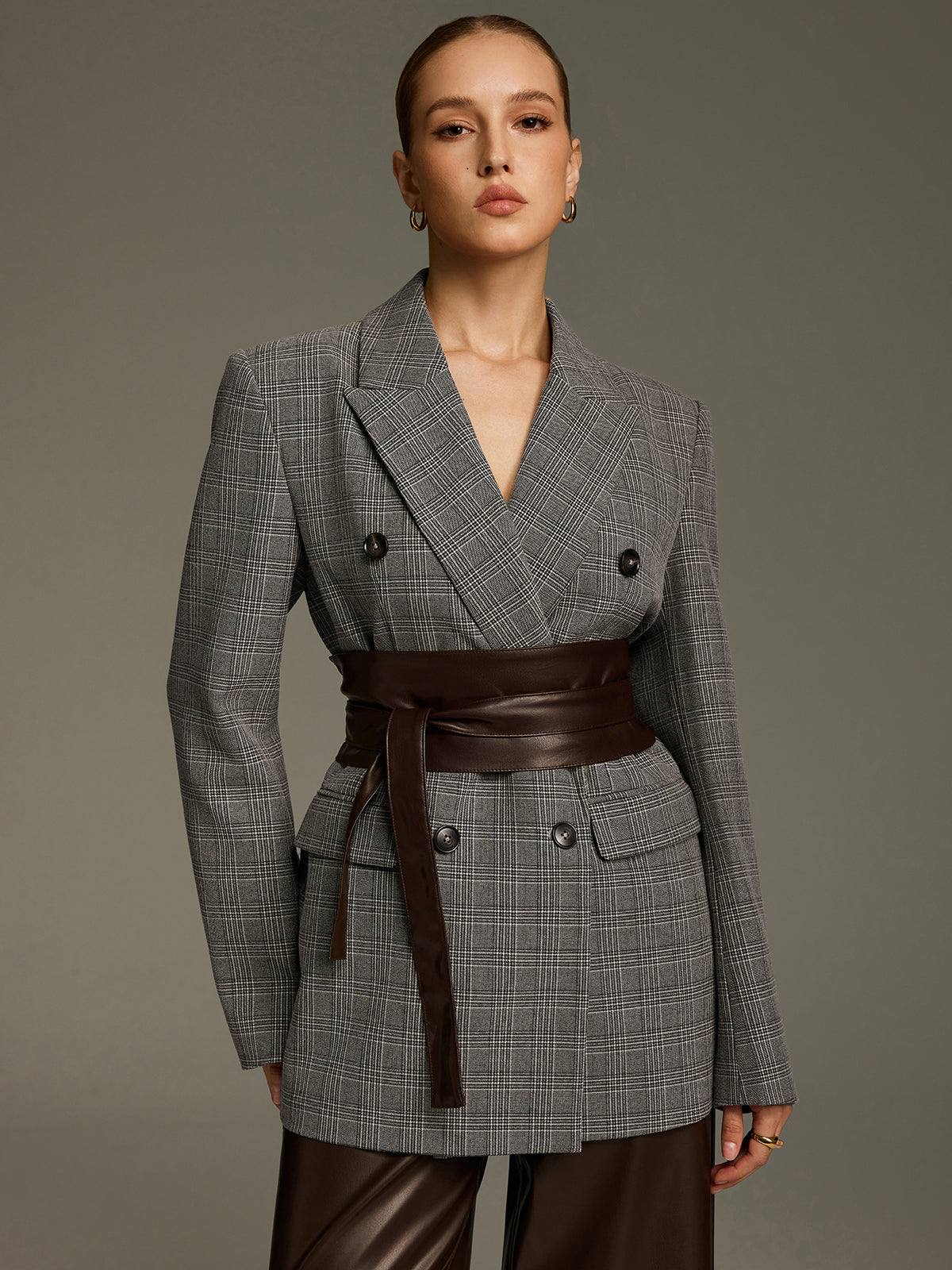 Plaid Double-Breasted Blazer with Waist Belt-Chicvia