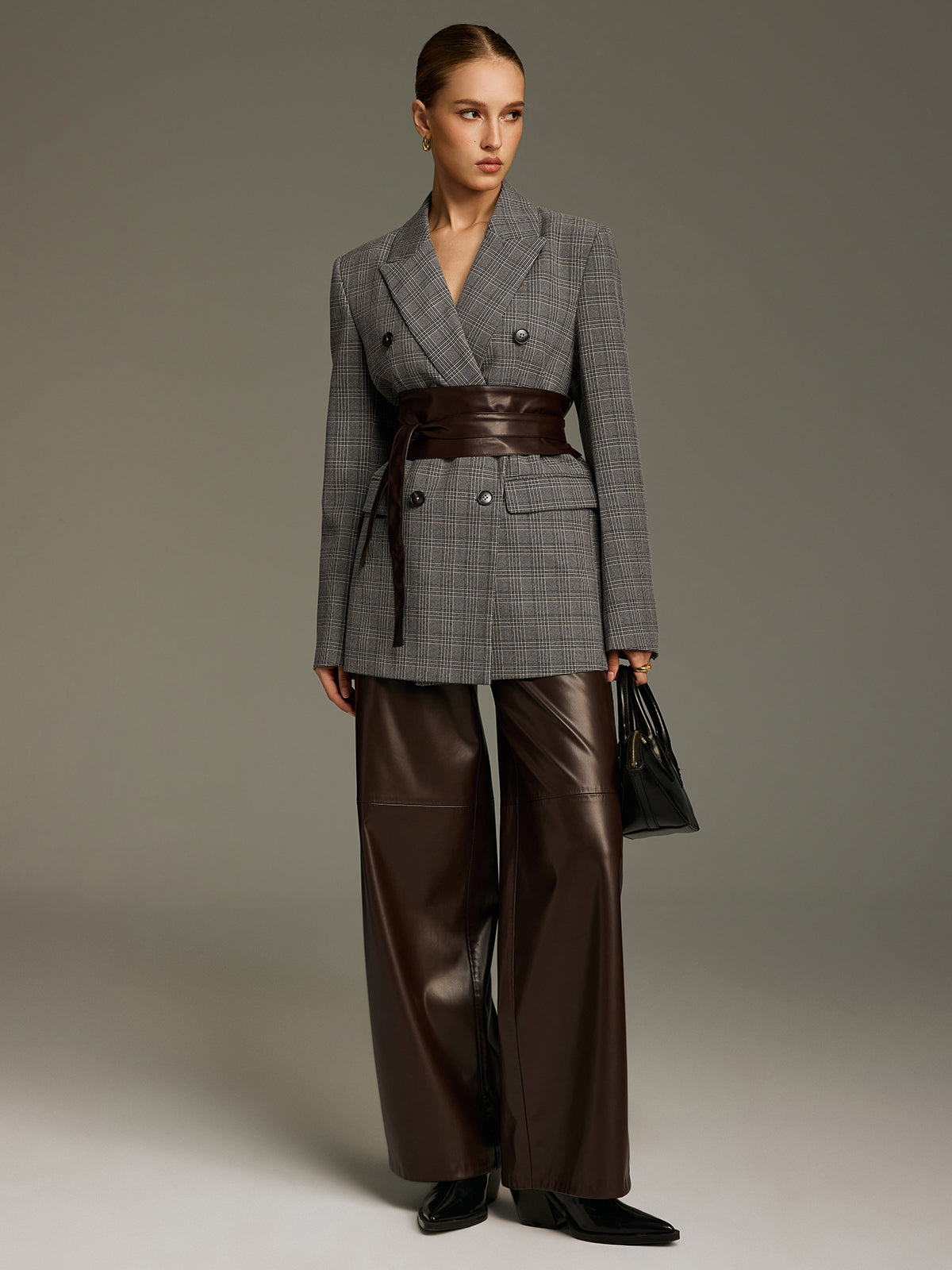 Plaid Double-Breasted Blazer with Waist Belt-Chicvia