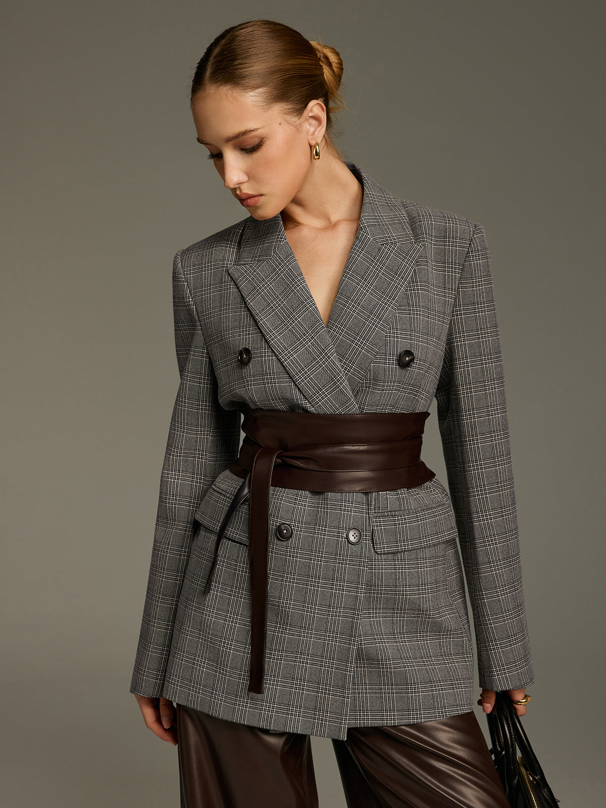 Plaid Double-Breasted Blazer with Waist Belt-Chicvia