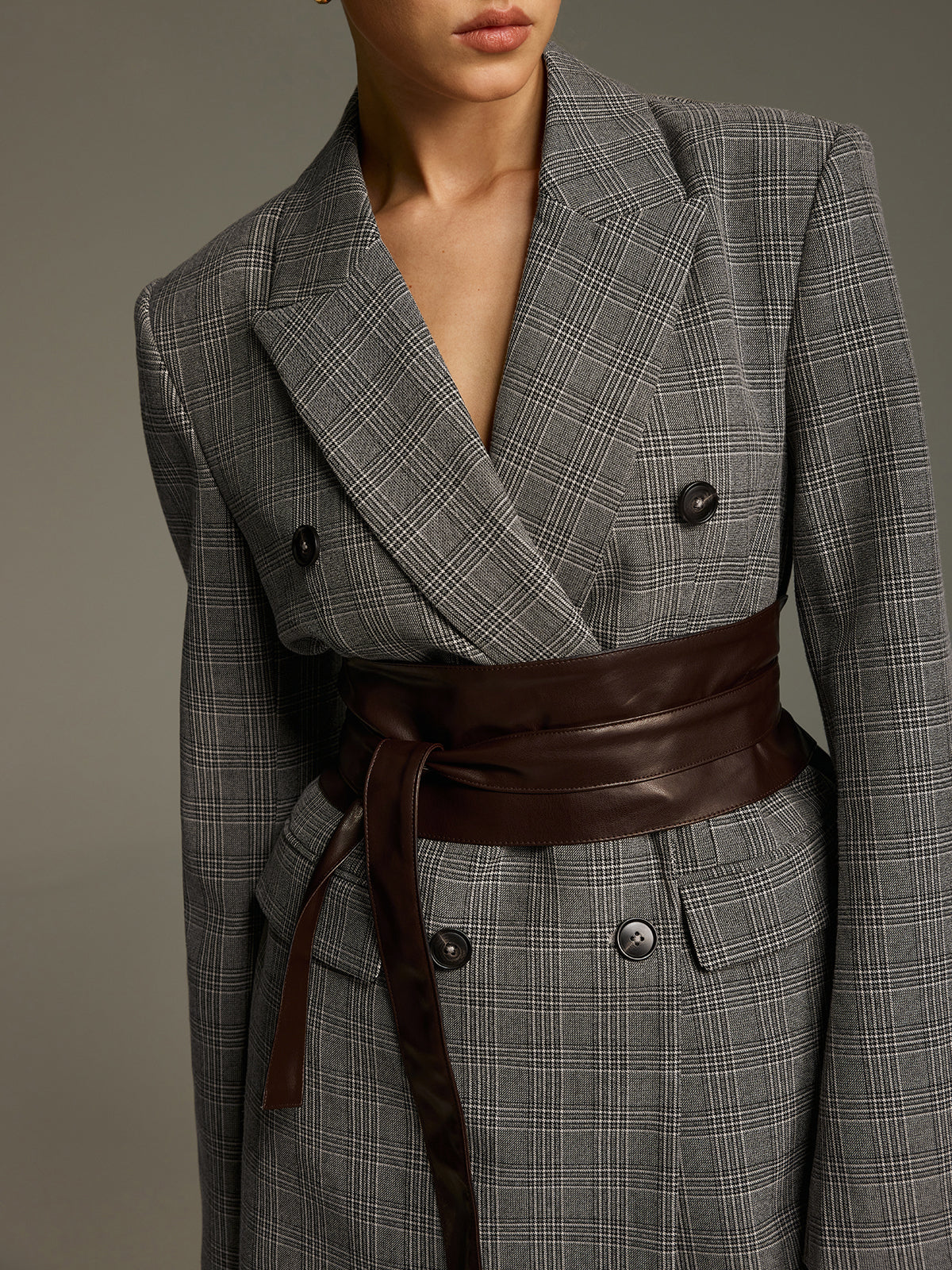 Plaid Double-Breasted Blazer with Waist Belt-Chicvia