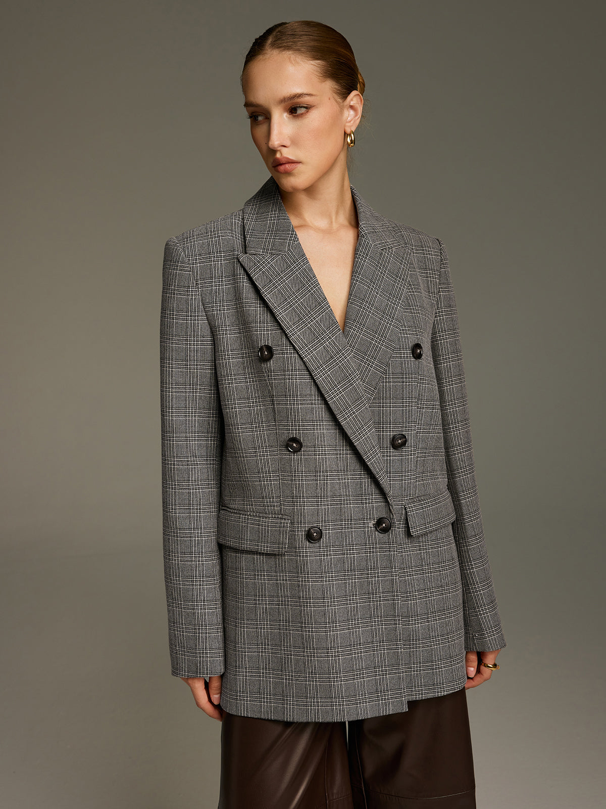 Plaid Double-Breasted Blazer with Waist Belt-Chicvia