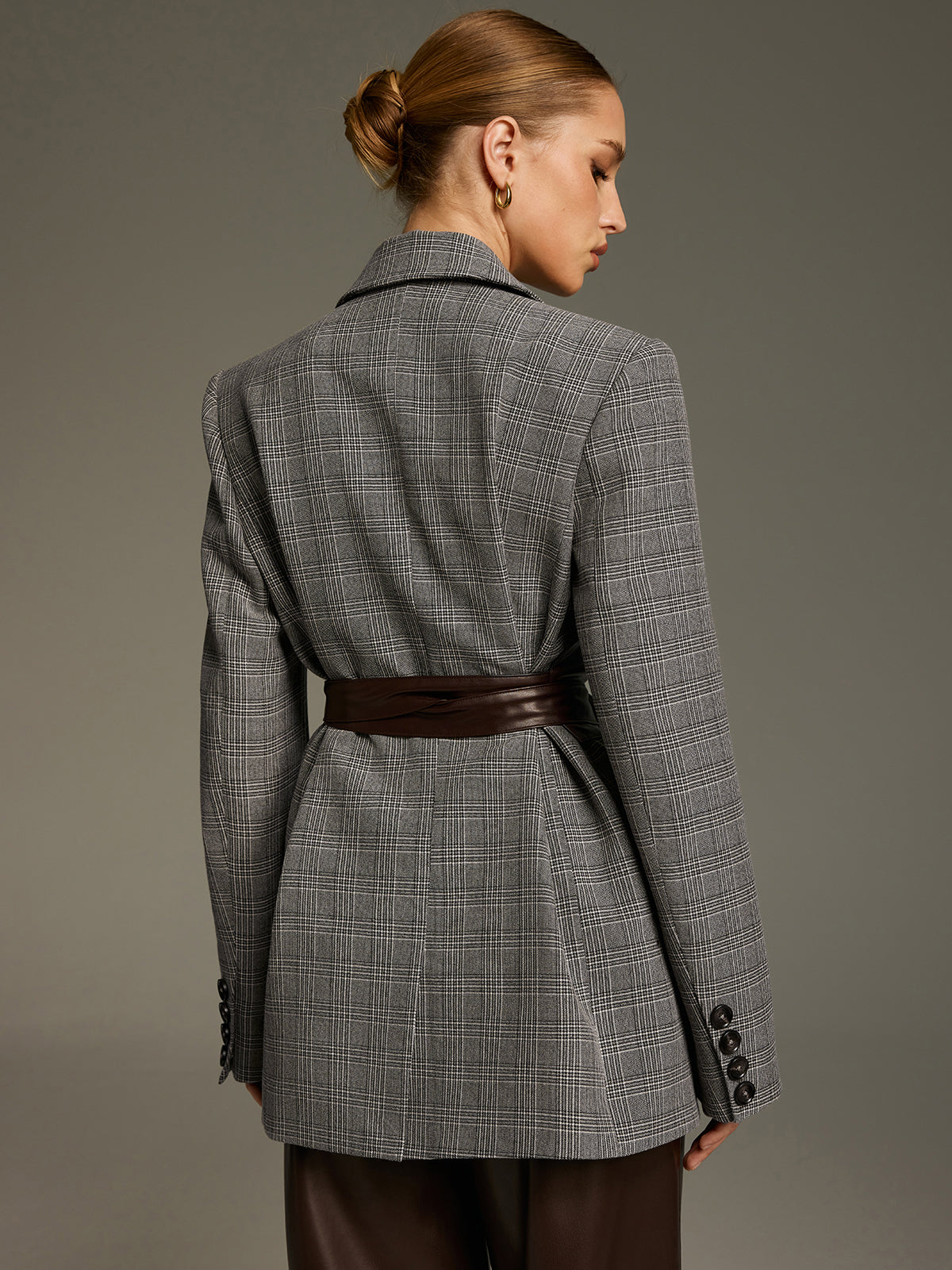 Plaid Double-Breasted Blazer with Waist Belt-Chicvia