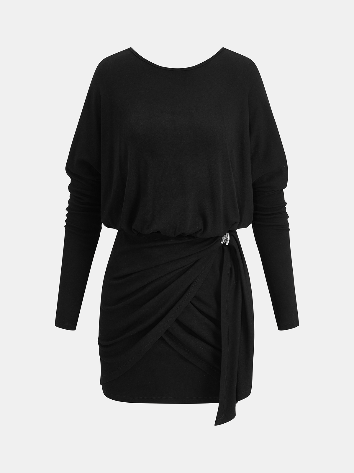 Metal Buckle Batwing Sleeve Ruched Mini Dress-Chicvia