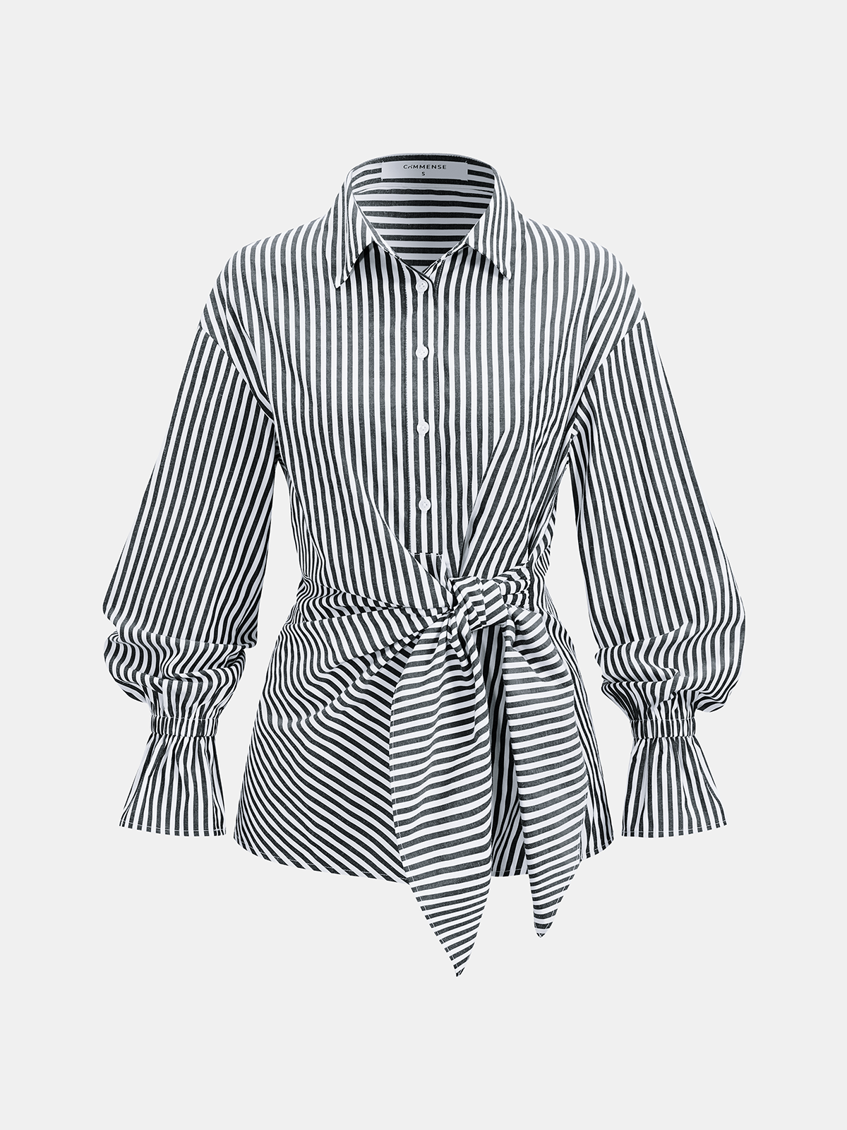 Knot-Waist Striped Cotton-Blend Shirt-Chicvia