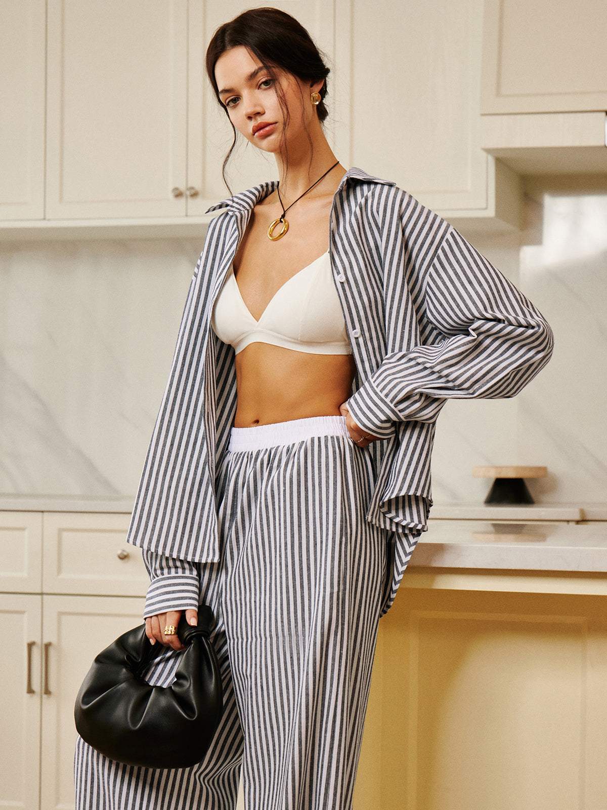 Cotton & Linen Pinstripe Loose Shirt-Chicvia