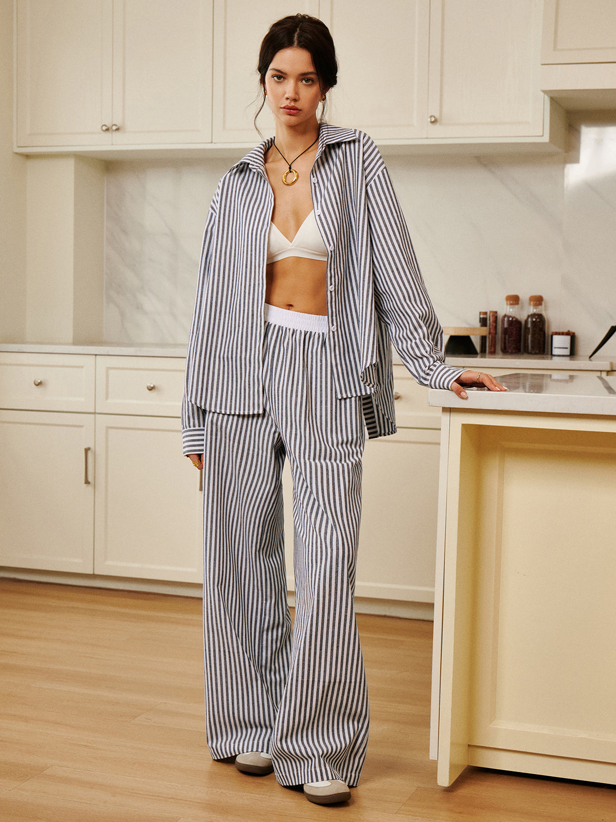 Cotton & Linen Pinstripe Loose Shirt-Chicvia