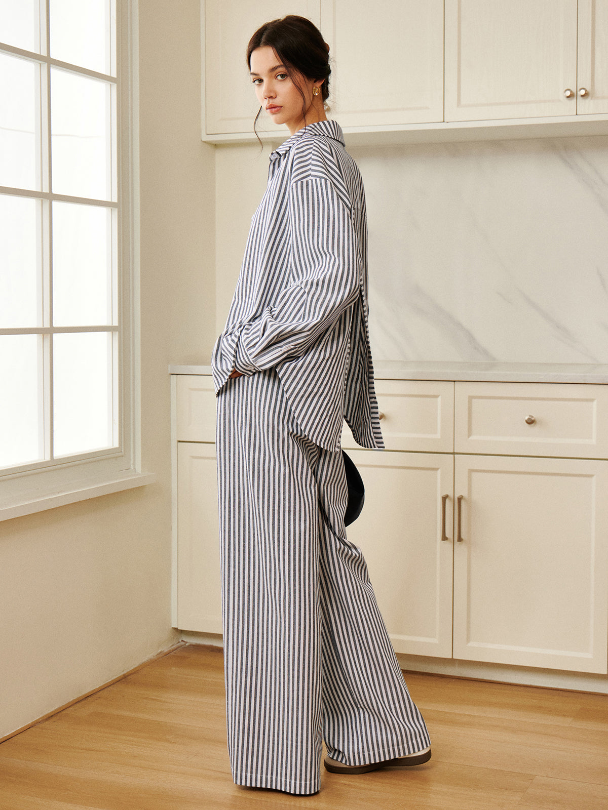 Cotton & Linen Pinstripe Loose Shirt-Chicvia