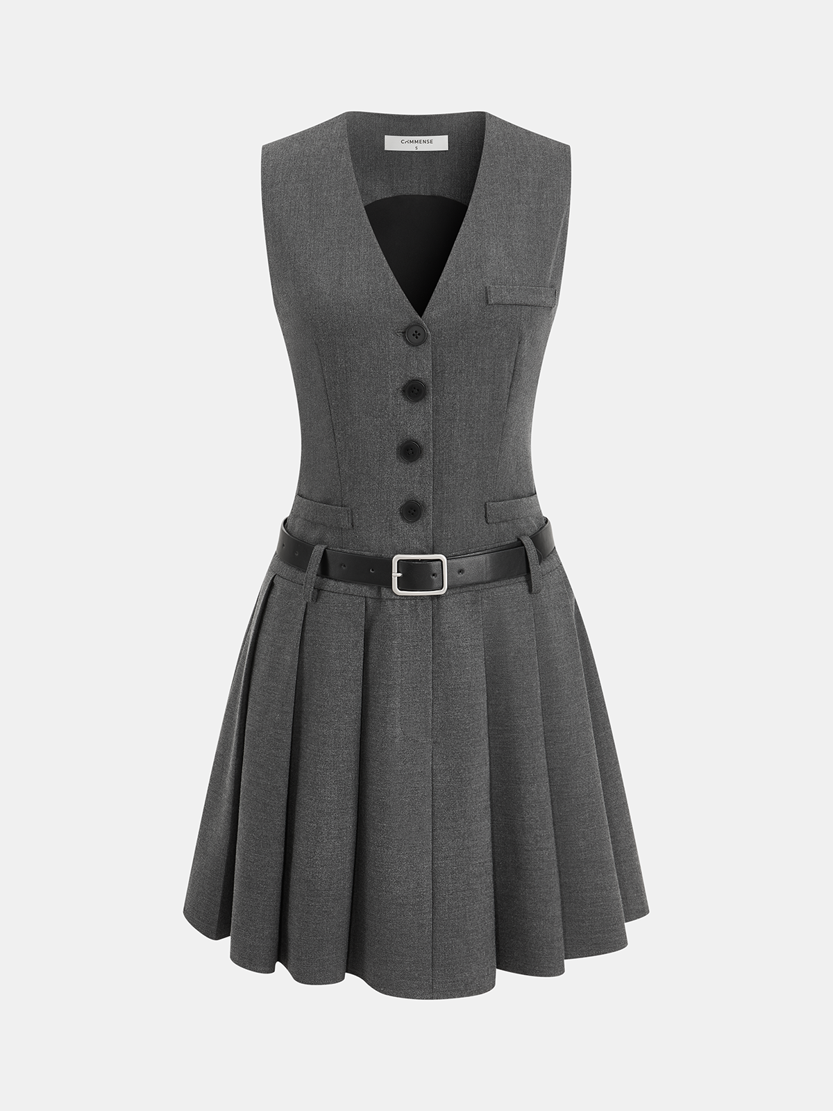 Belted Sleeveless Pleated Blazer Dress-Chicvia
