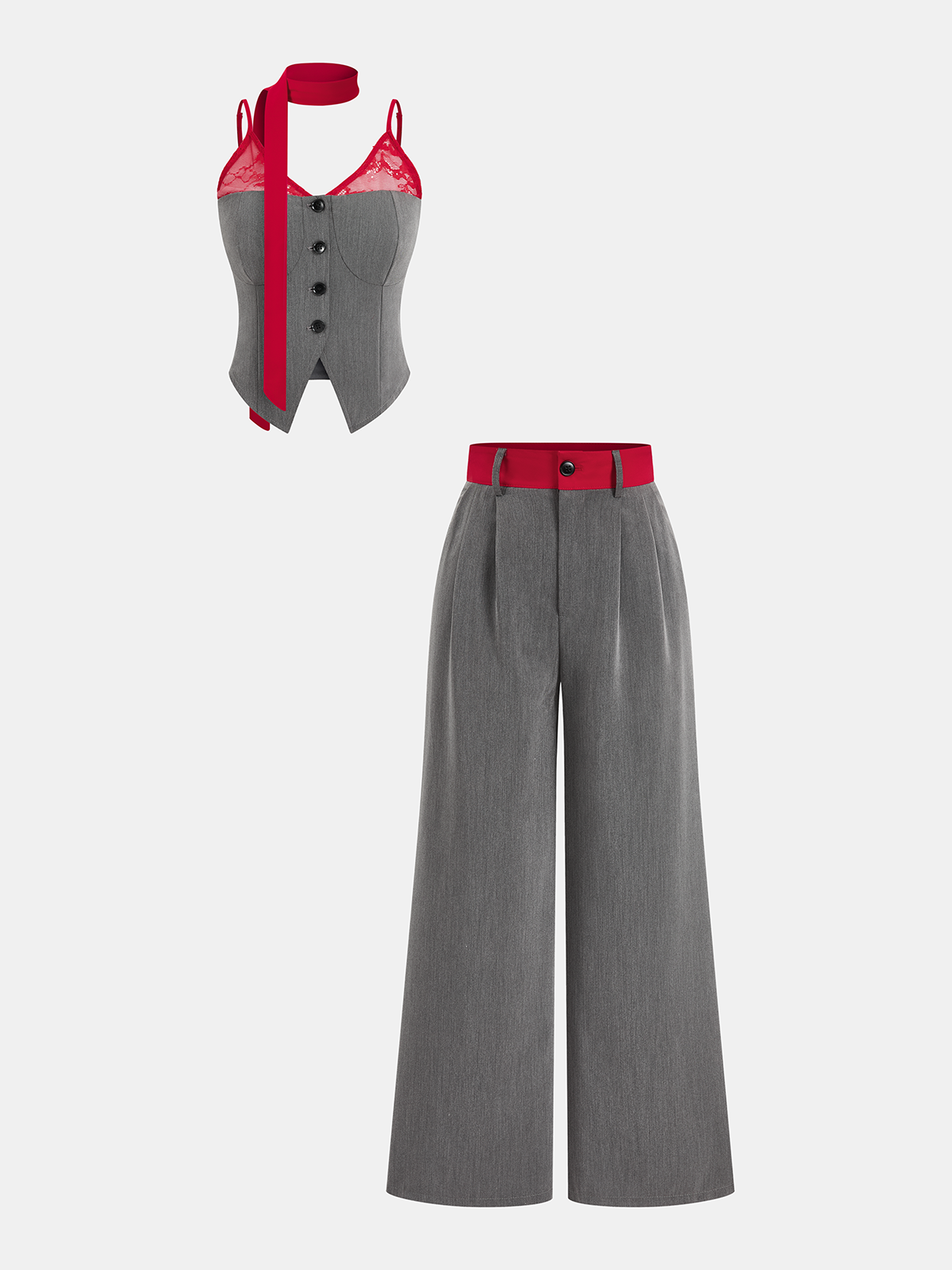 Contrast Lace Cami Vest & Pants Set with Scarf-Chicvia