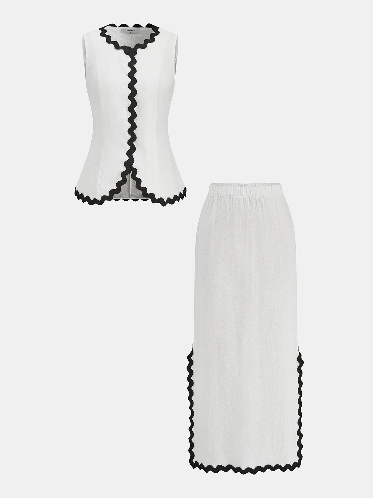 Contrast Wave Trim Vest & Maxi Skirt Set-Chicvia