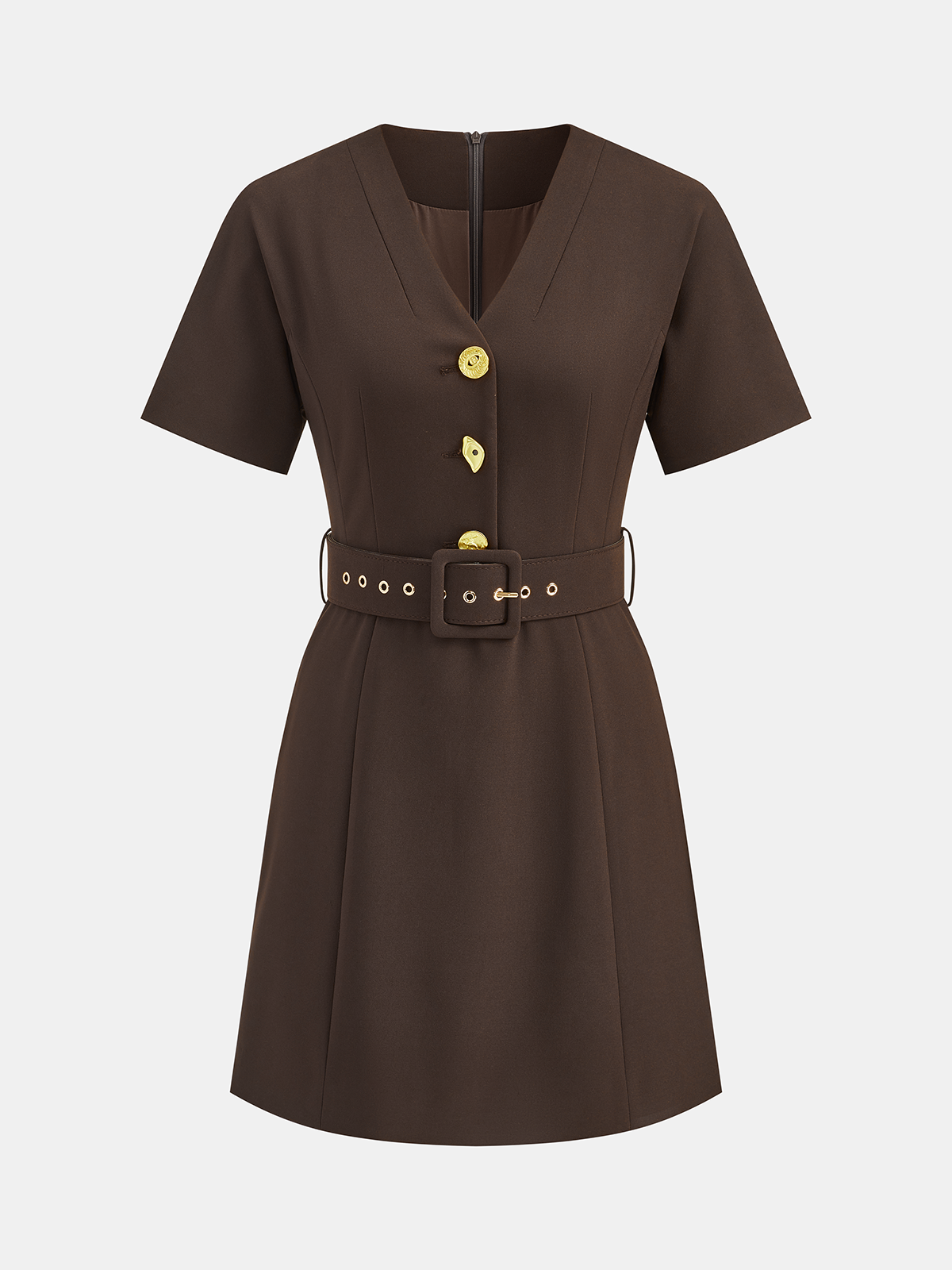 Metal Button V-Neck Belted Mini Dress-Chicvia