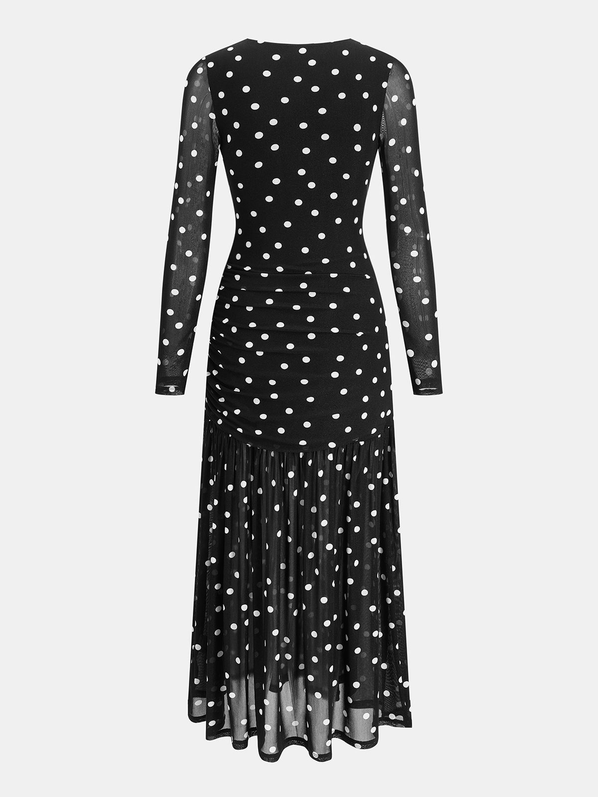 Polka Dot Sheer-Mesh Ruched Maxi Dress-Chicvia