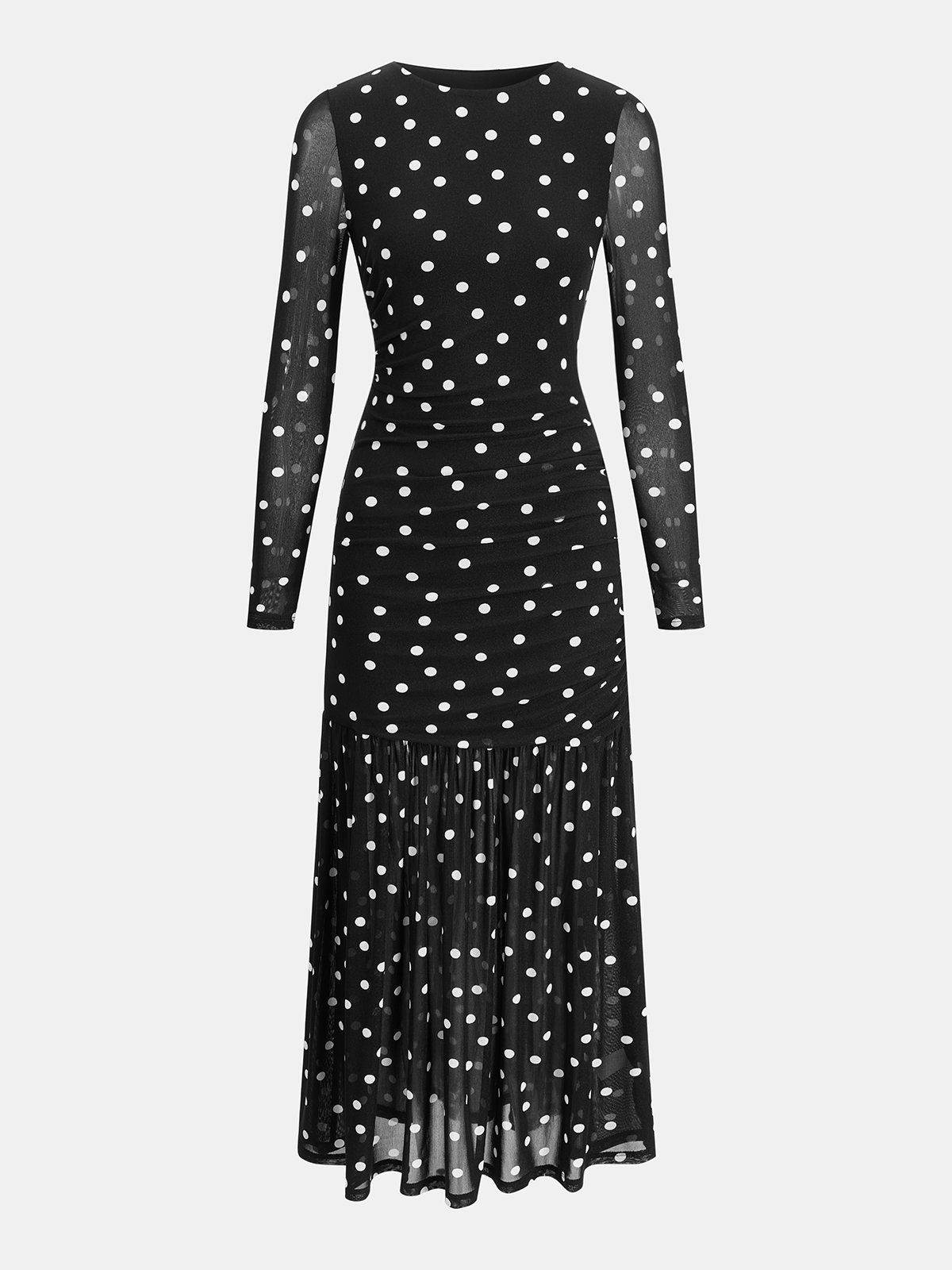 Polka Dot Sheer-Mesh Ruched Maxi Dress-Chicvia
