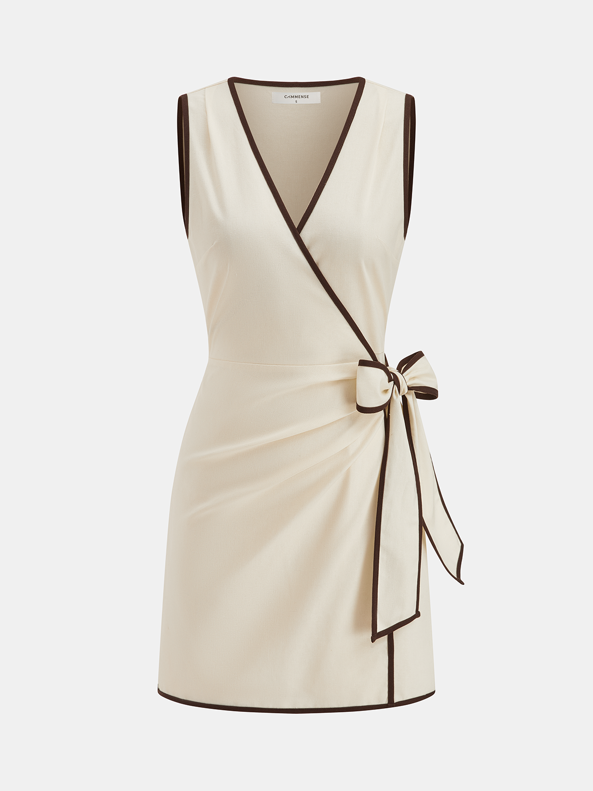Linen-Blend Contrast Trim Wrap Dress-Chicvia