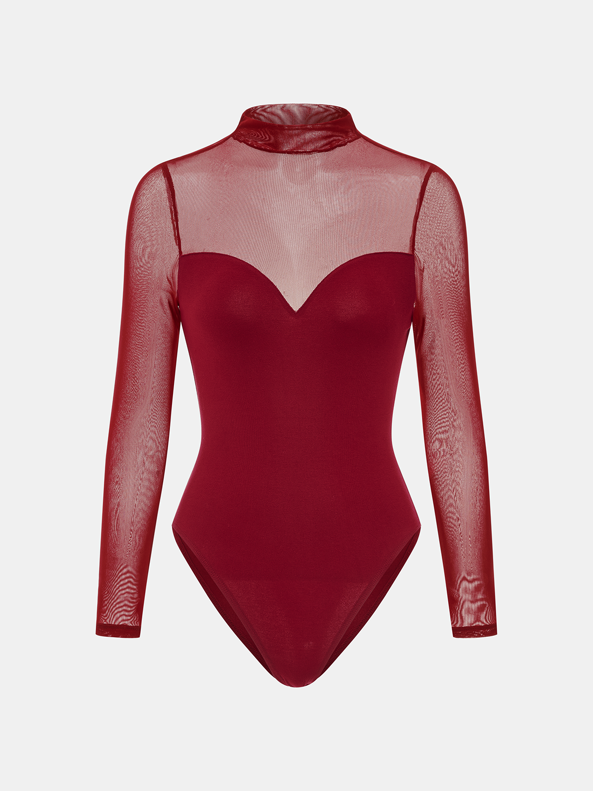 Mock Neck Mesh Panel Sweetheart Bodysuit-Chicvia
