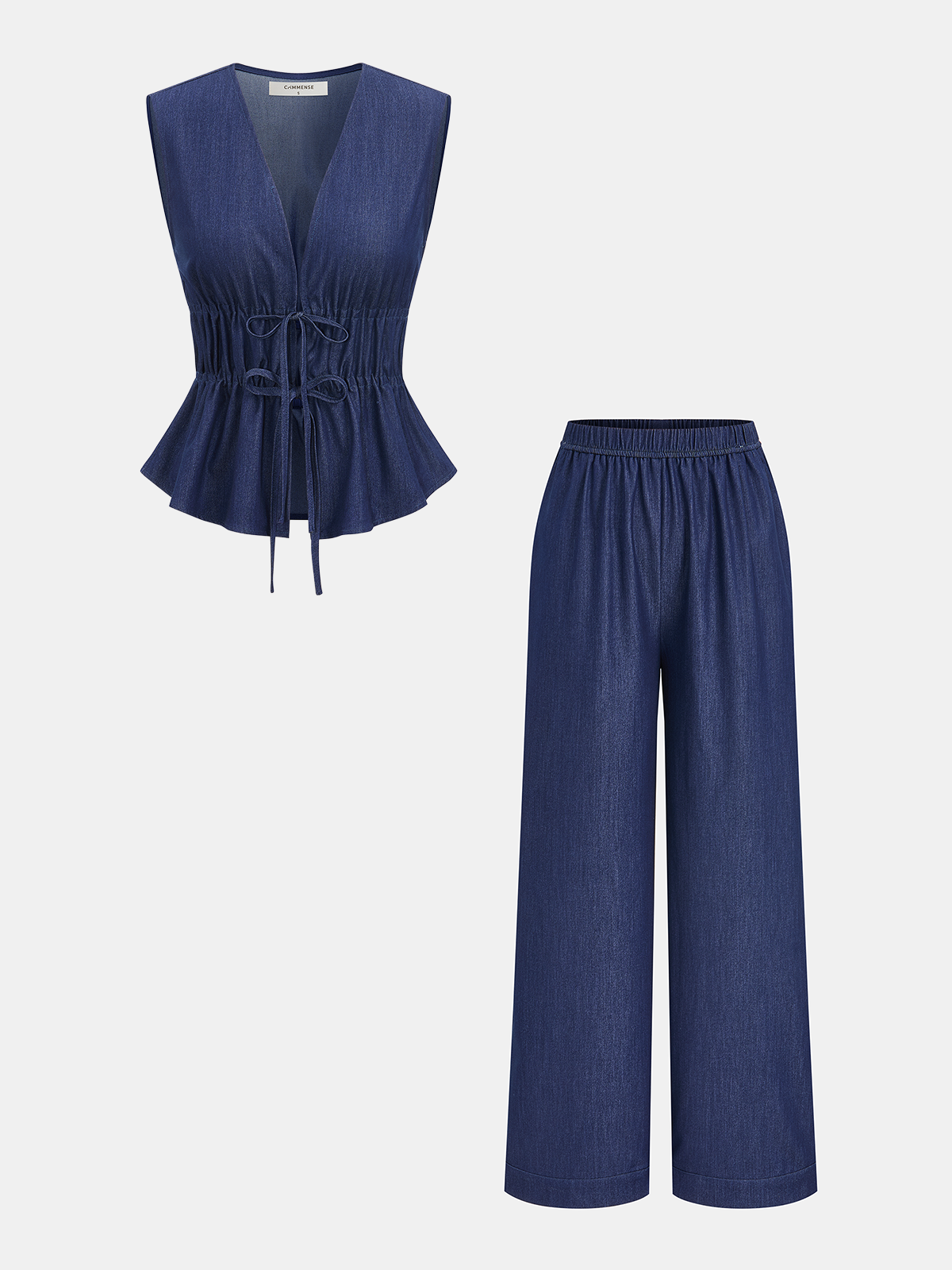 Faux Denim Tie-Waist Vest & Pants Set-Chicvia