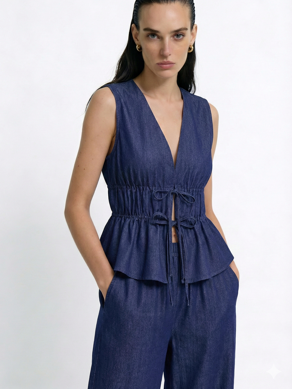 Faux Denim Tie-Waist Vest & Pants Set-Chicvia
