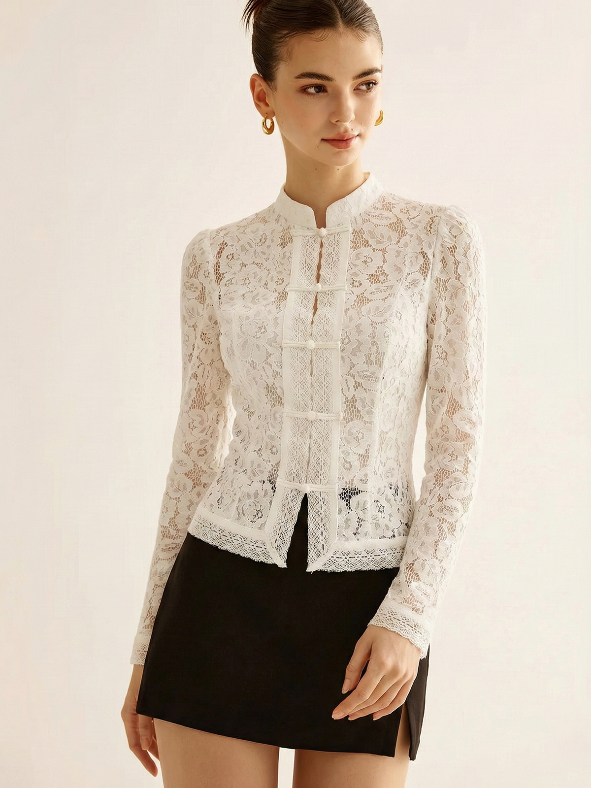 Frog Closure Lace Mandarin Collar Blouse-Chicvia