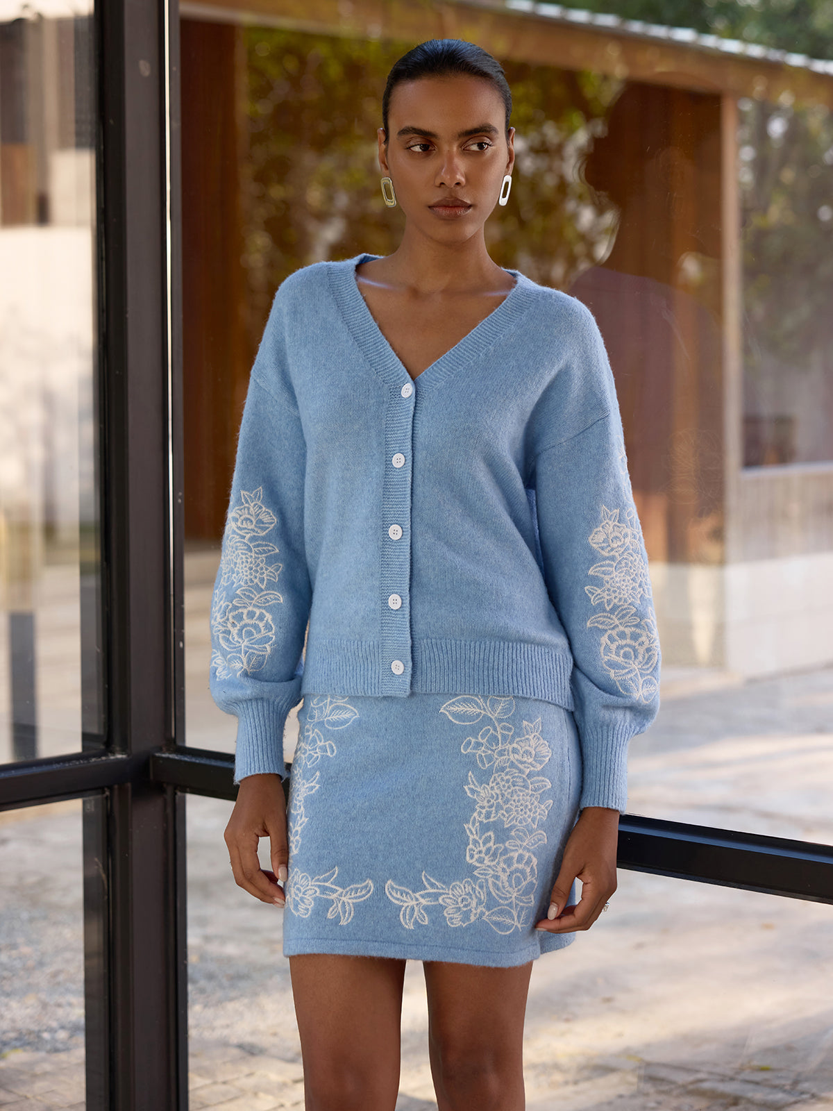 Floral-Embroidered Knit Cardigan & Mini Skirt Set-Chicvia