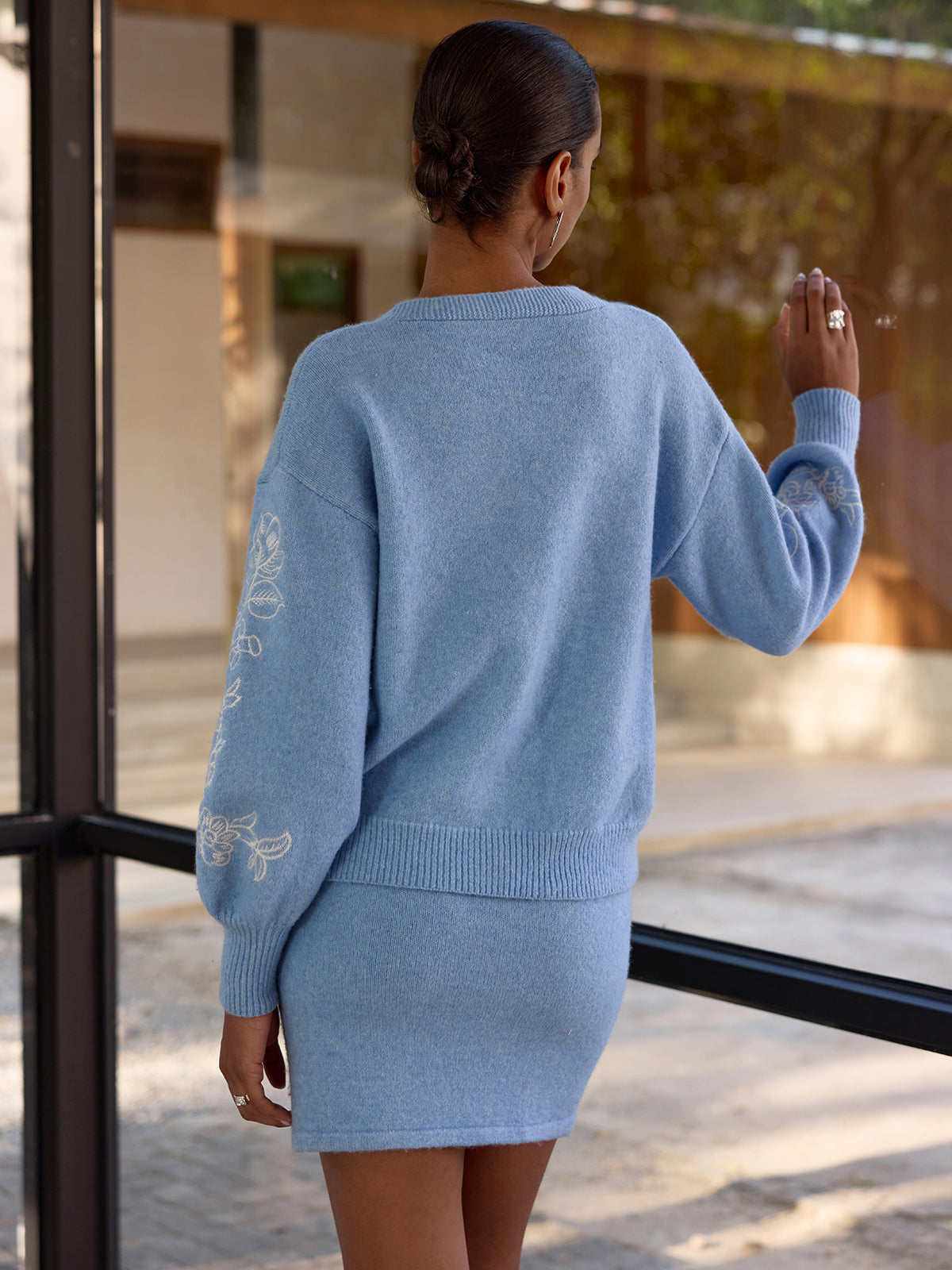 Floral-Embroidered Knit Cardigan & Mini Skirt Set-Chicvia