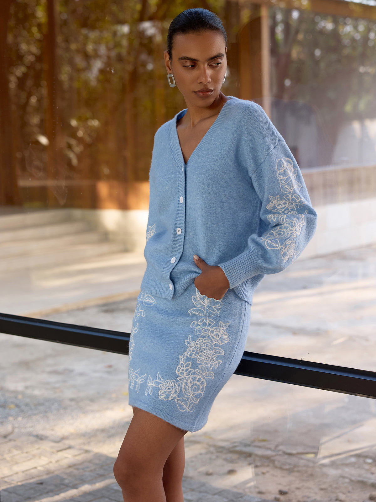 Floral-Embroidered Knit Cardigan & Mini Skirt Set-Chicvia