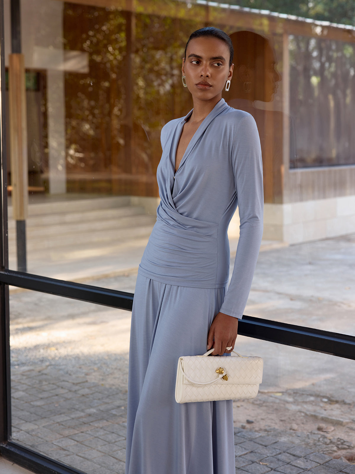 Draped Wrap Top & Midi Skirt Set-Chicvia