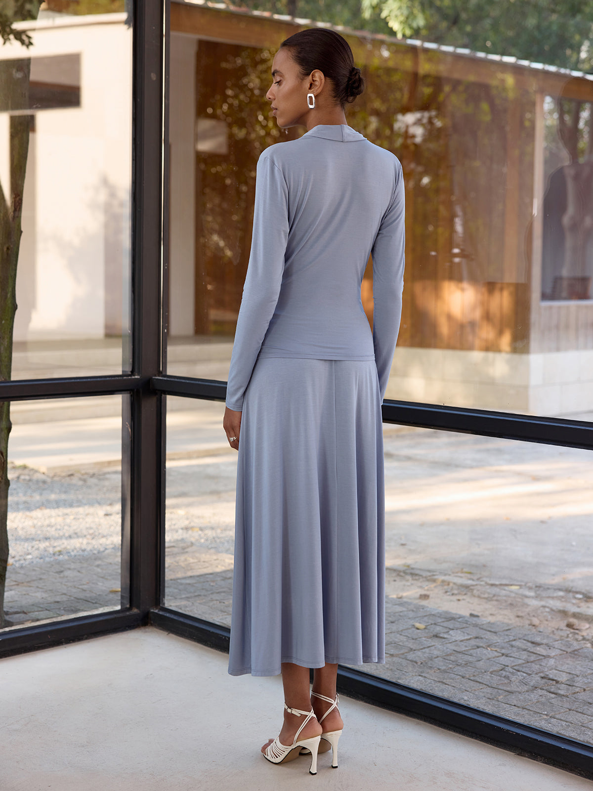 Draped Wrap Top & Midi Skirt Set-Chicvia