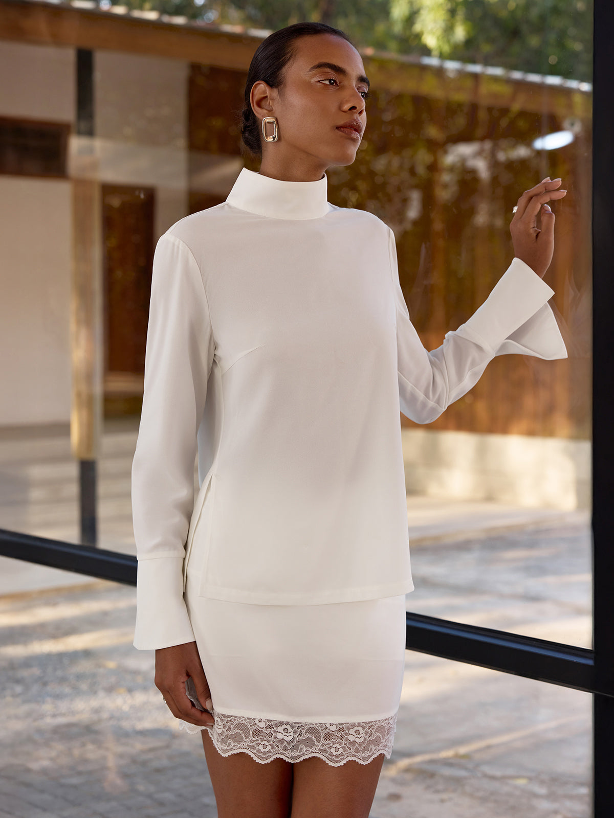 Mock Neck Blouse & Lace Trim Mini Skirt Set-Chicvia