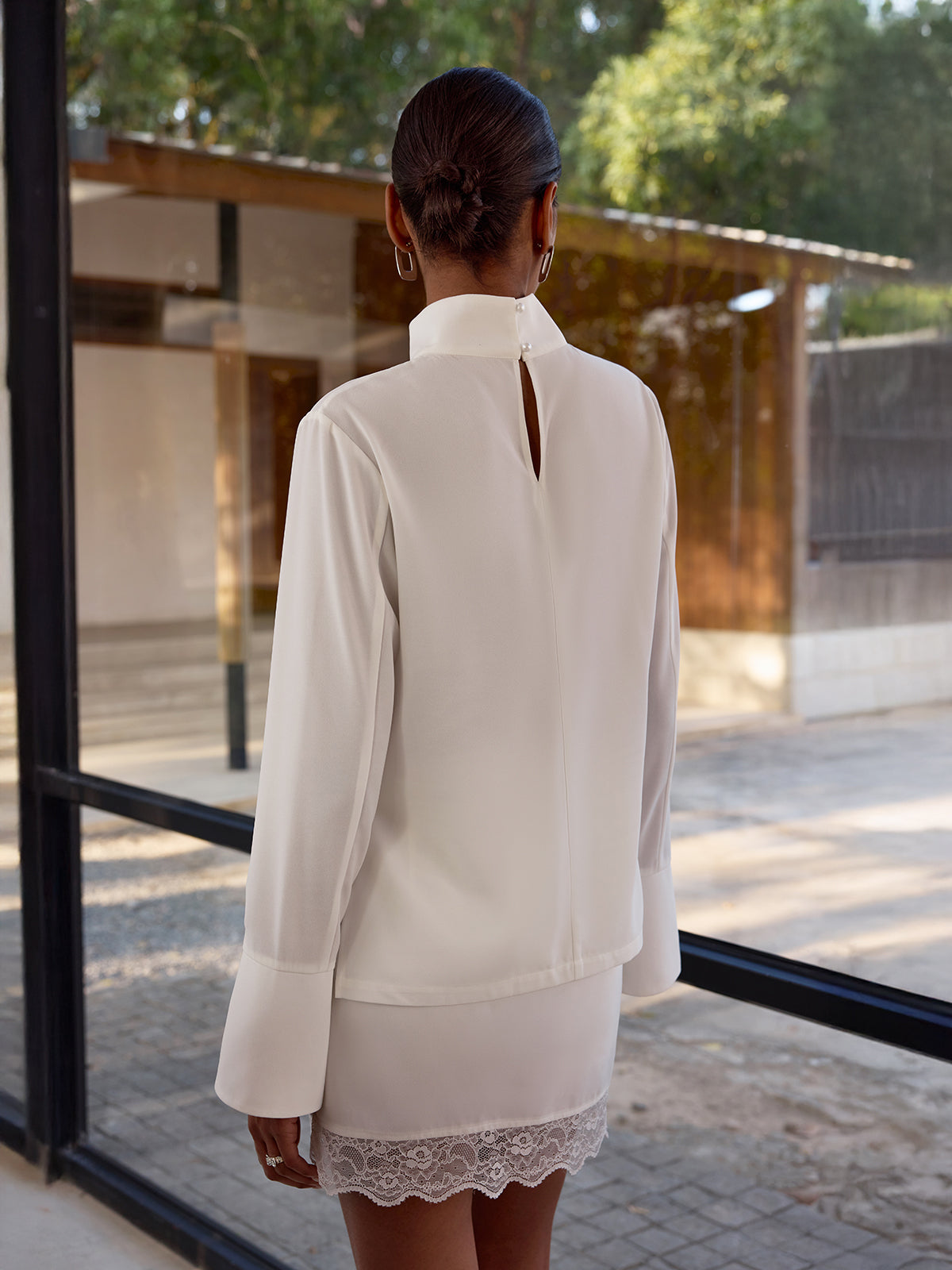Mock Neck Blouse & Lace Trim Mini Skirt Set-Chicvia
