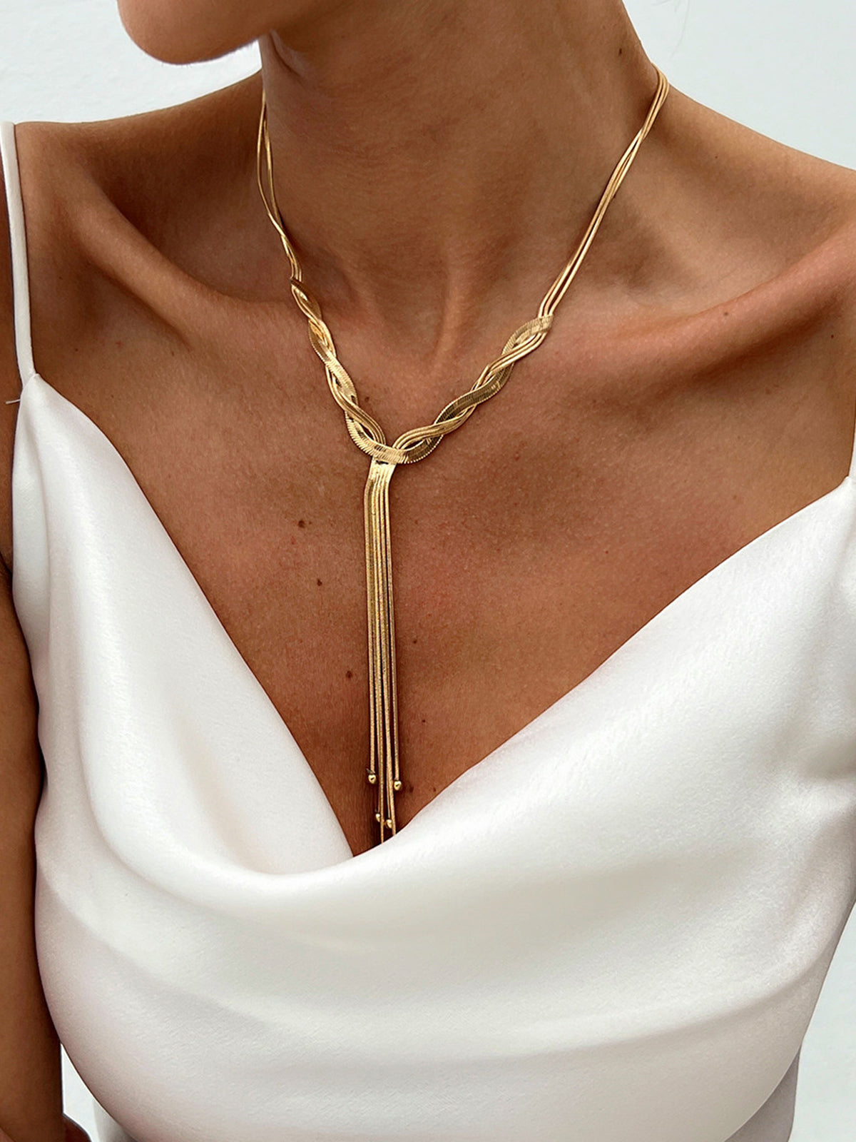 Golden Twisted Tassel Y-Shaped Necklace-Chicvia