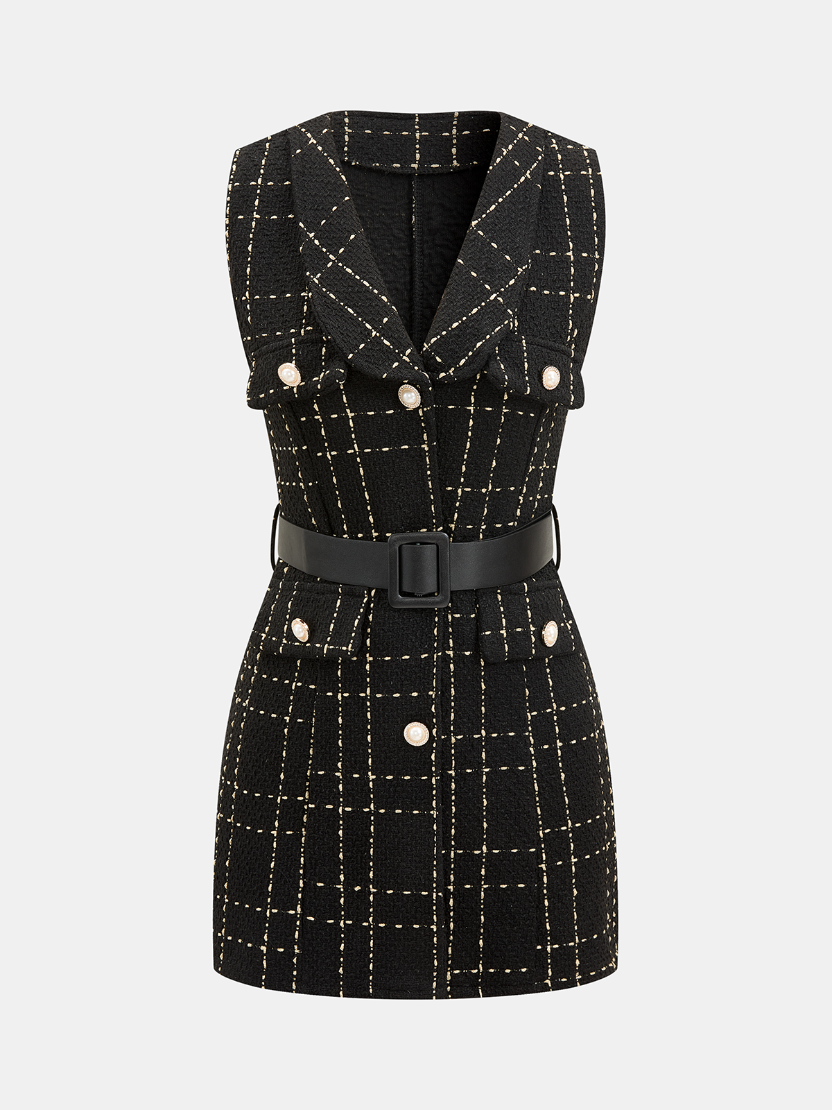 Belted Plaid Tweed Sleeveless Mini Dress-Chicvia