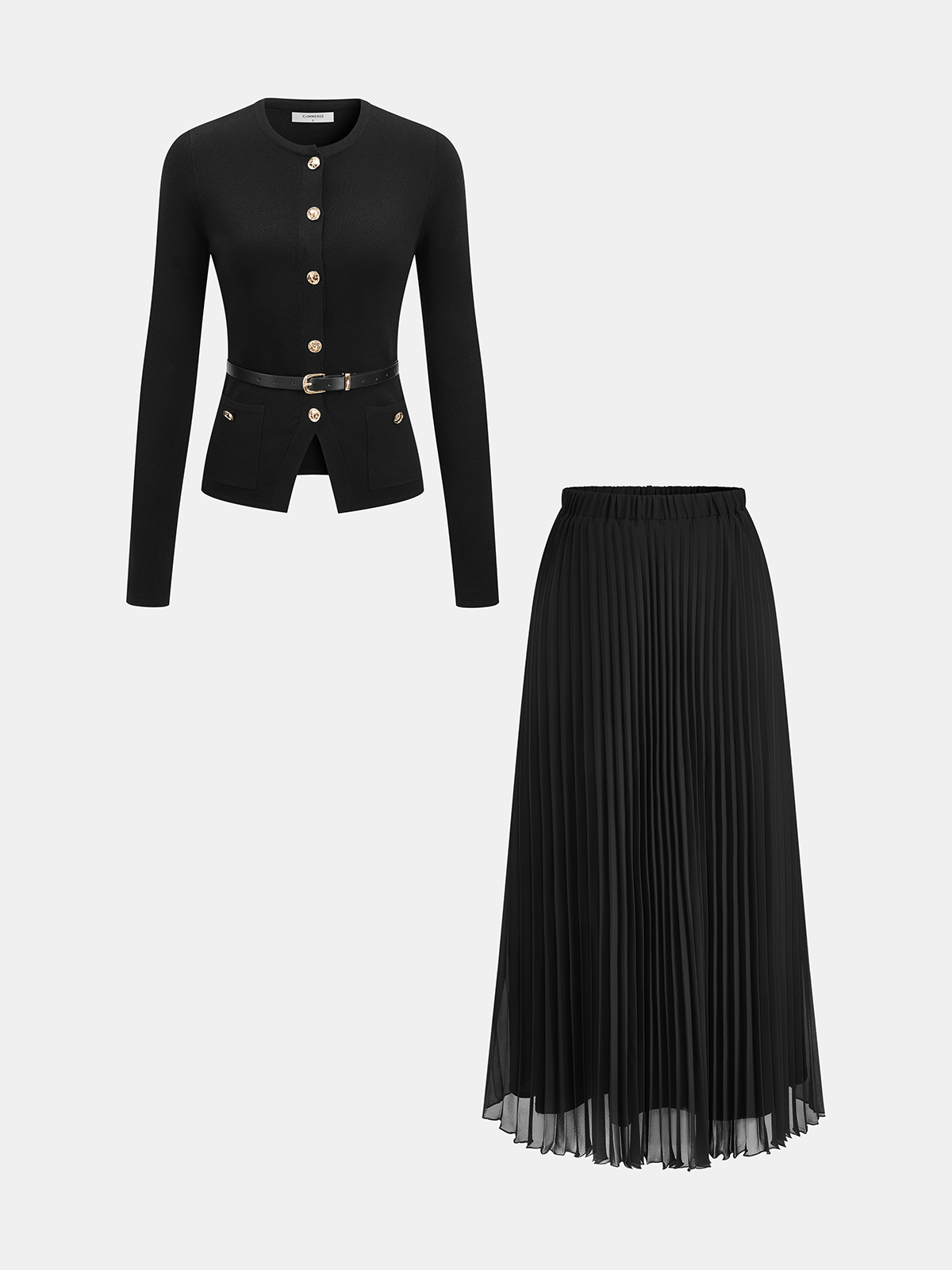 Belted Metal Button Top & Pleated Skirt Set-Chicvia