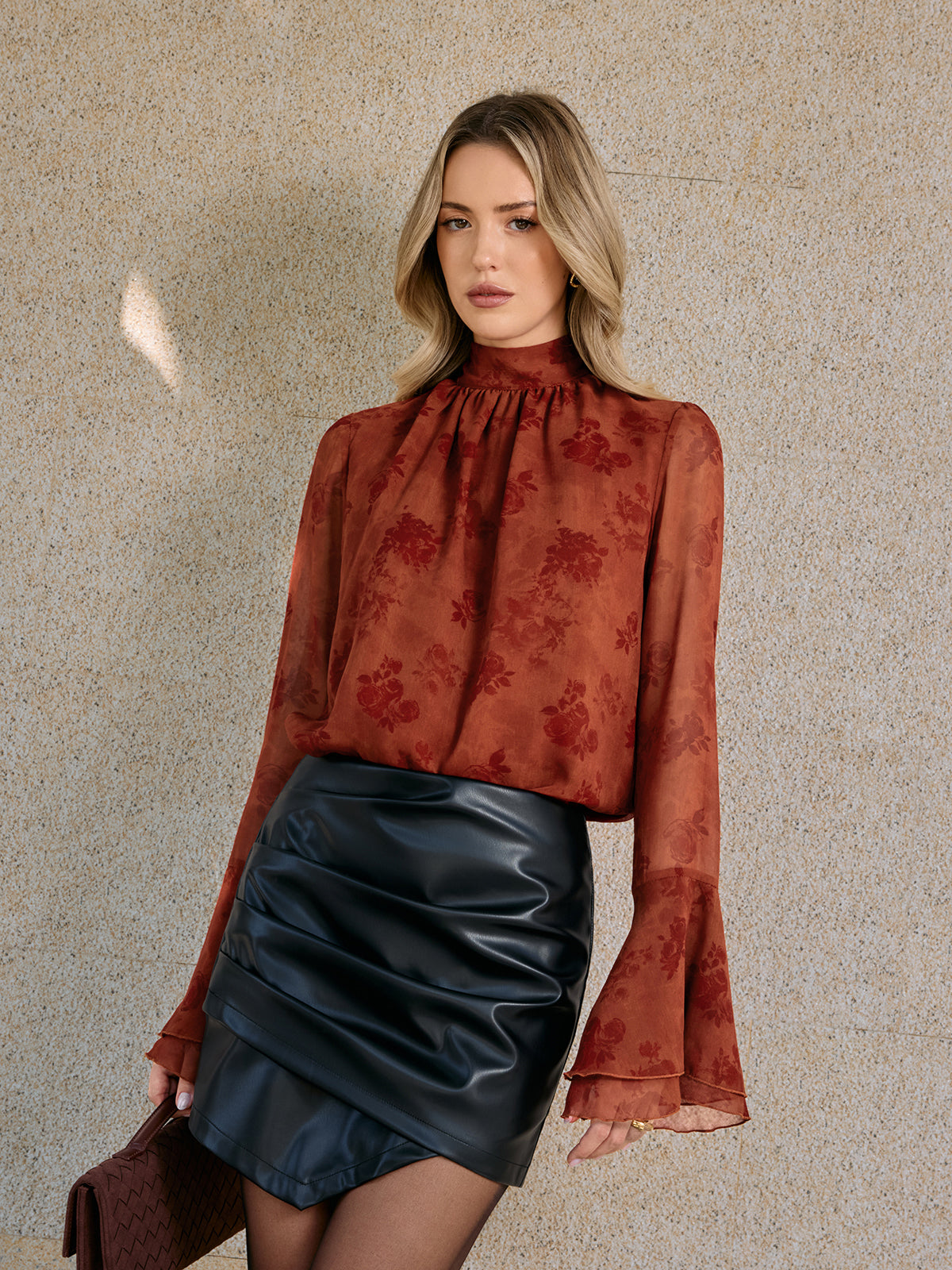 Floral Print Chiffon Bell Sleeve Blouse-Chicvia