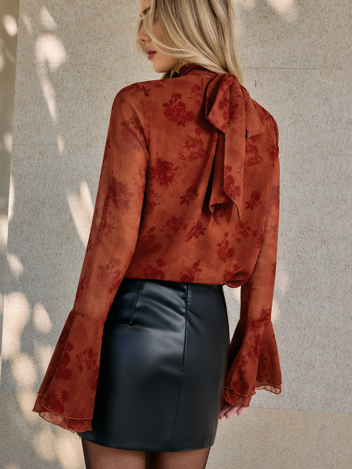 Floral Print Chiffon Bell Sleeve Blouse-Chicvia