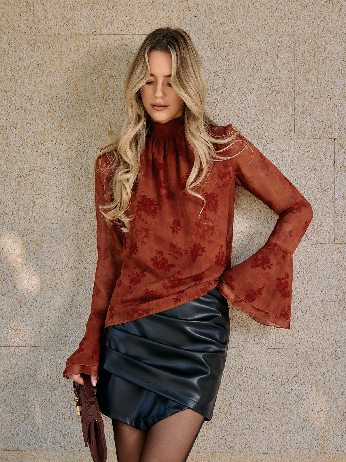 Floral Print Chiffon Bell Sleeve Blouse-Chicvia