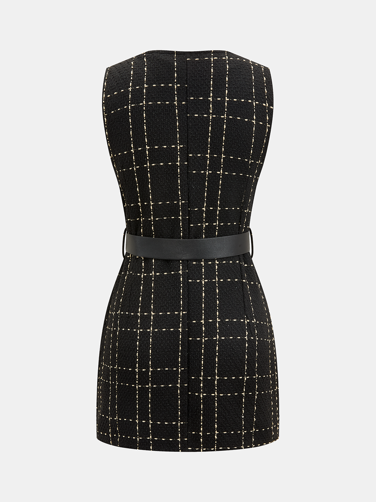 Belted Plaid Tweed Sleeveless Mini Dress-Chicvia