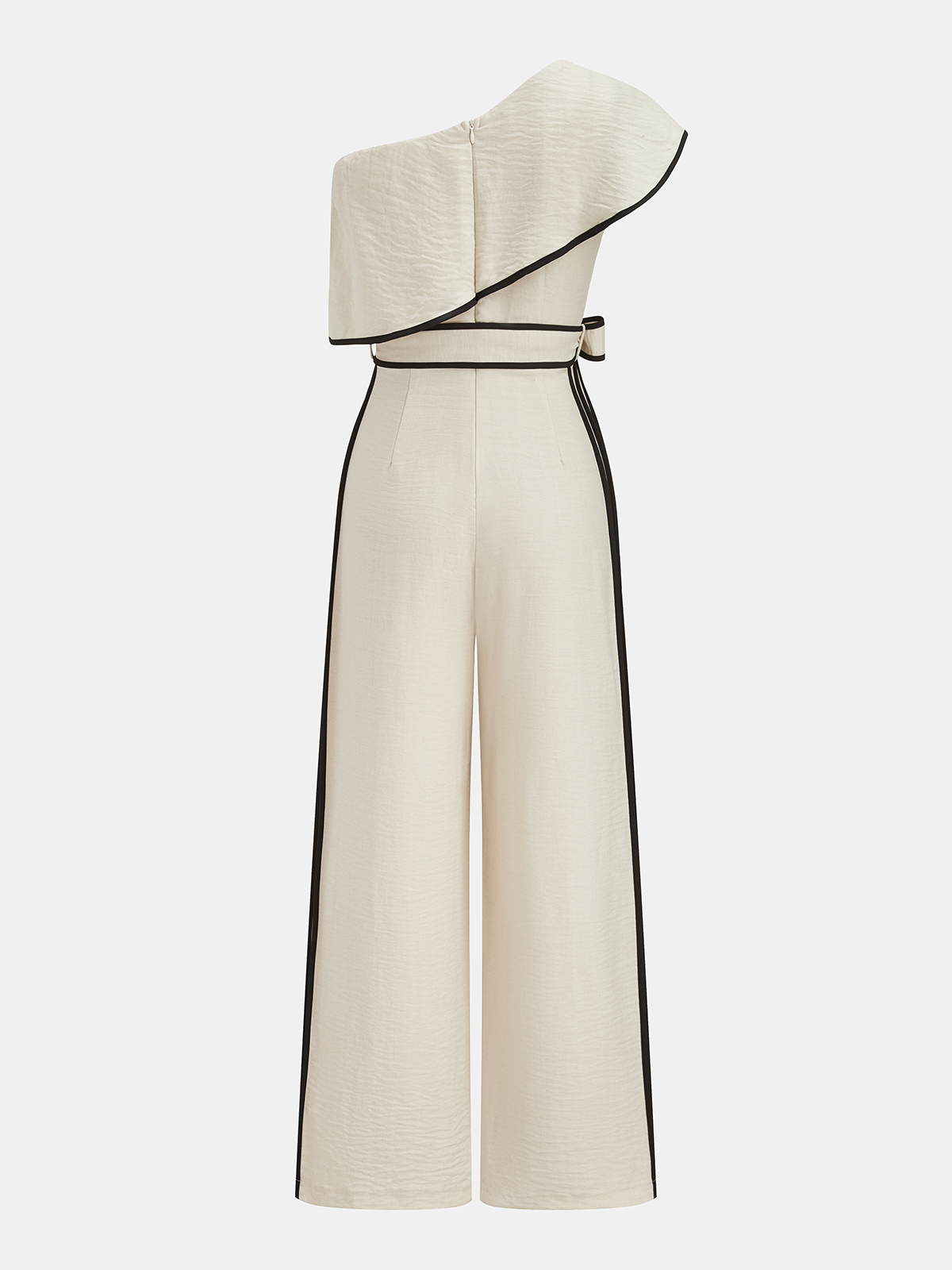 One-Shoulder Ruffle Contrast Piping Jumpsuit-Chicvia