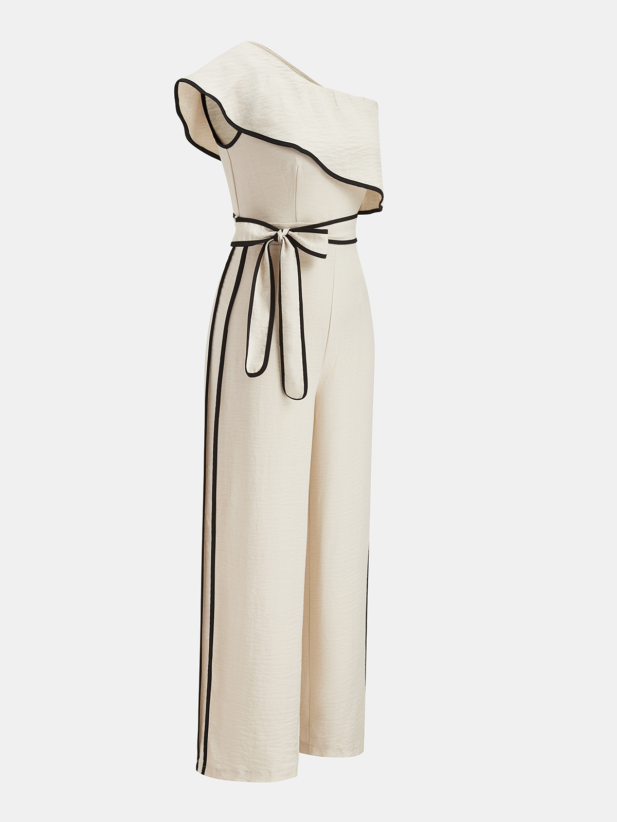 One-Shoulder Ruffle Contrast Piping Jumpsuit-Chicvia