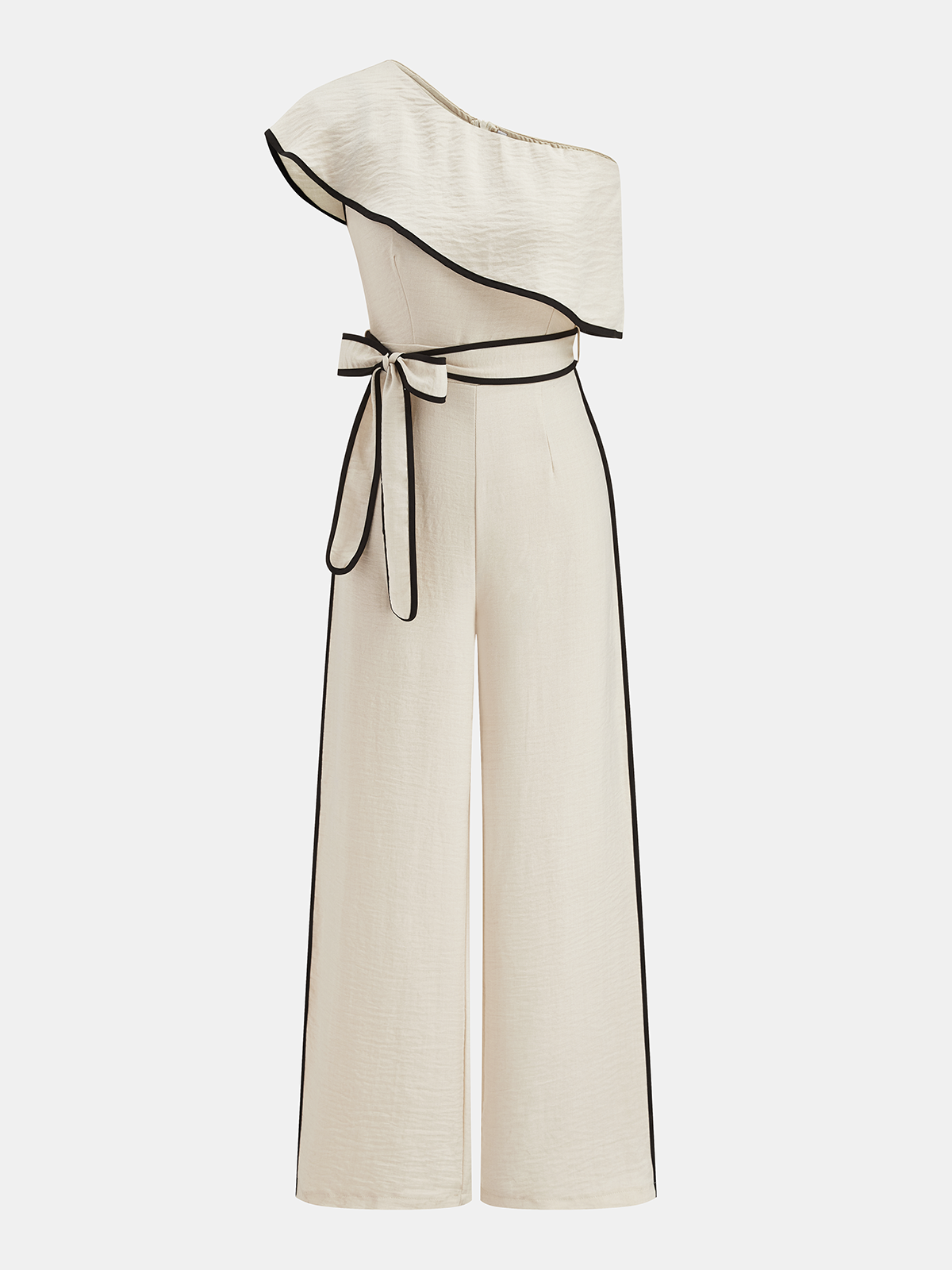 One-Shoulder Ruffle Contrast Piping Jumpsuit-Chicvia