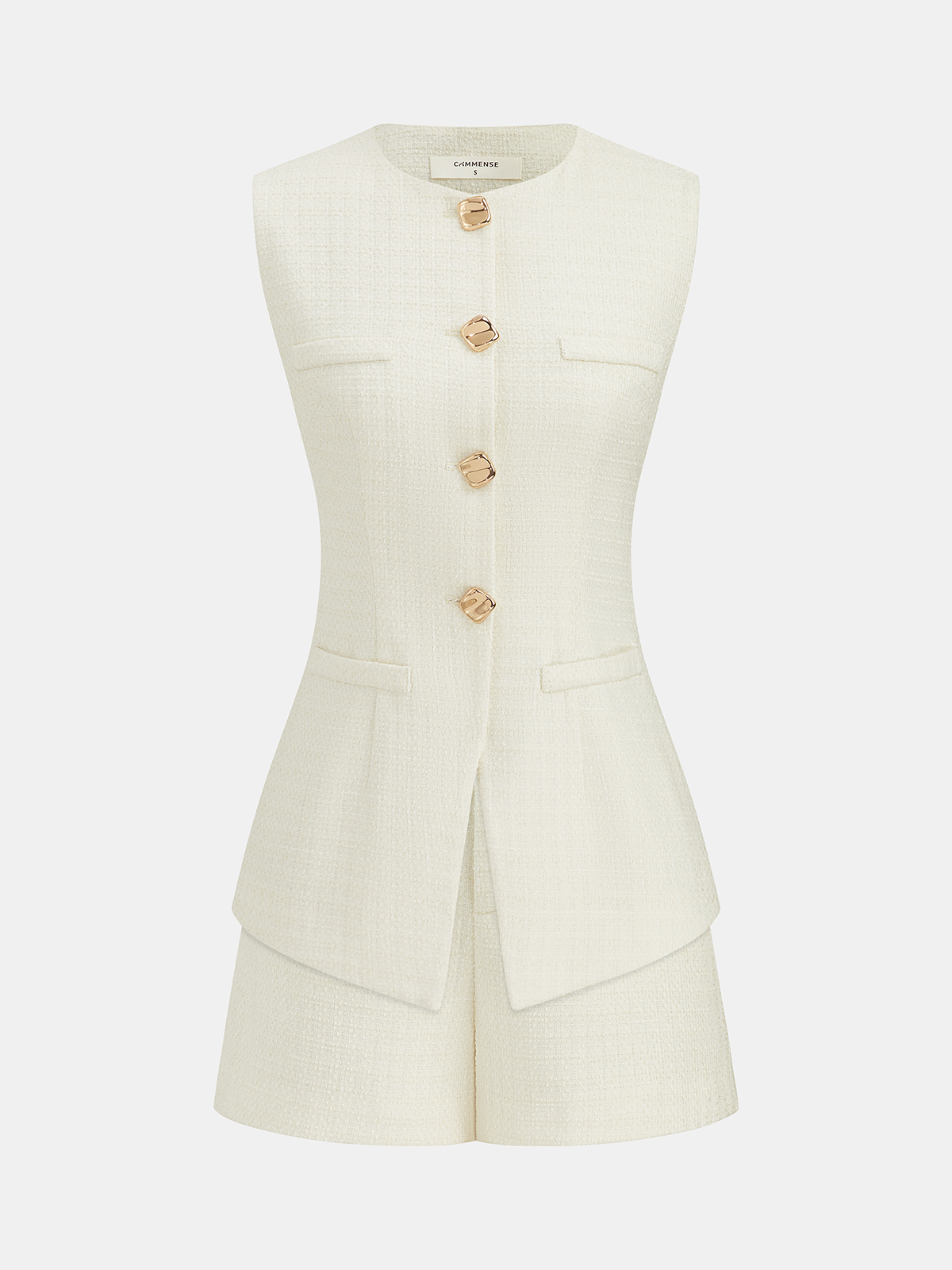 Metal Button Tweed Vest & Shorts Set-Chicvia