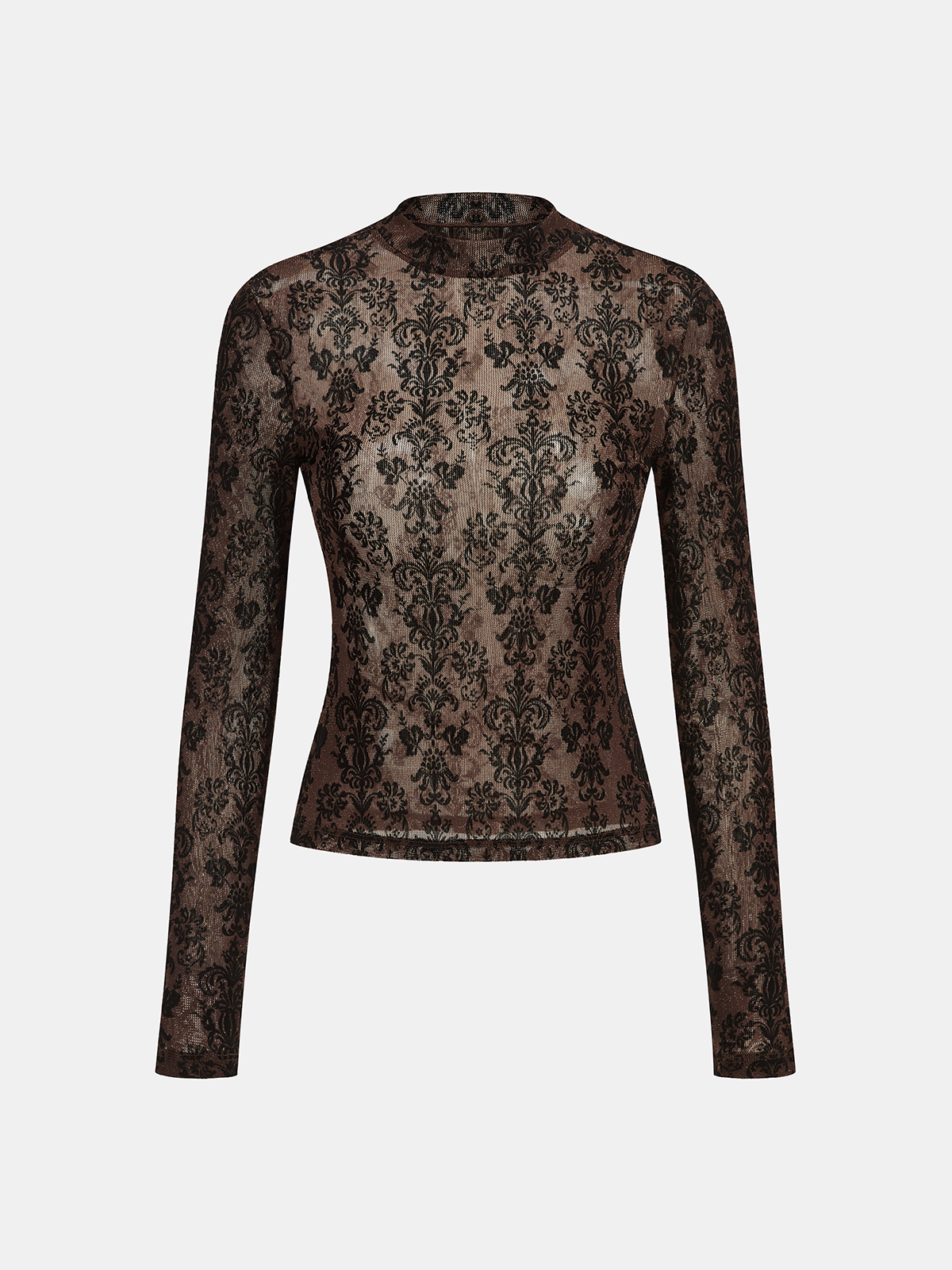 Damask Print Mock Neck T-Shirt-Chicvia