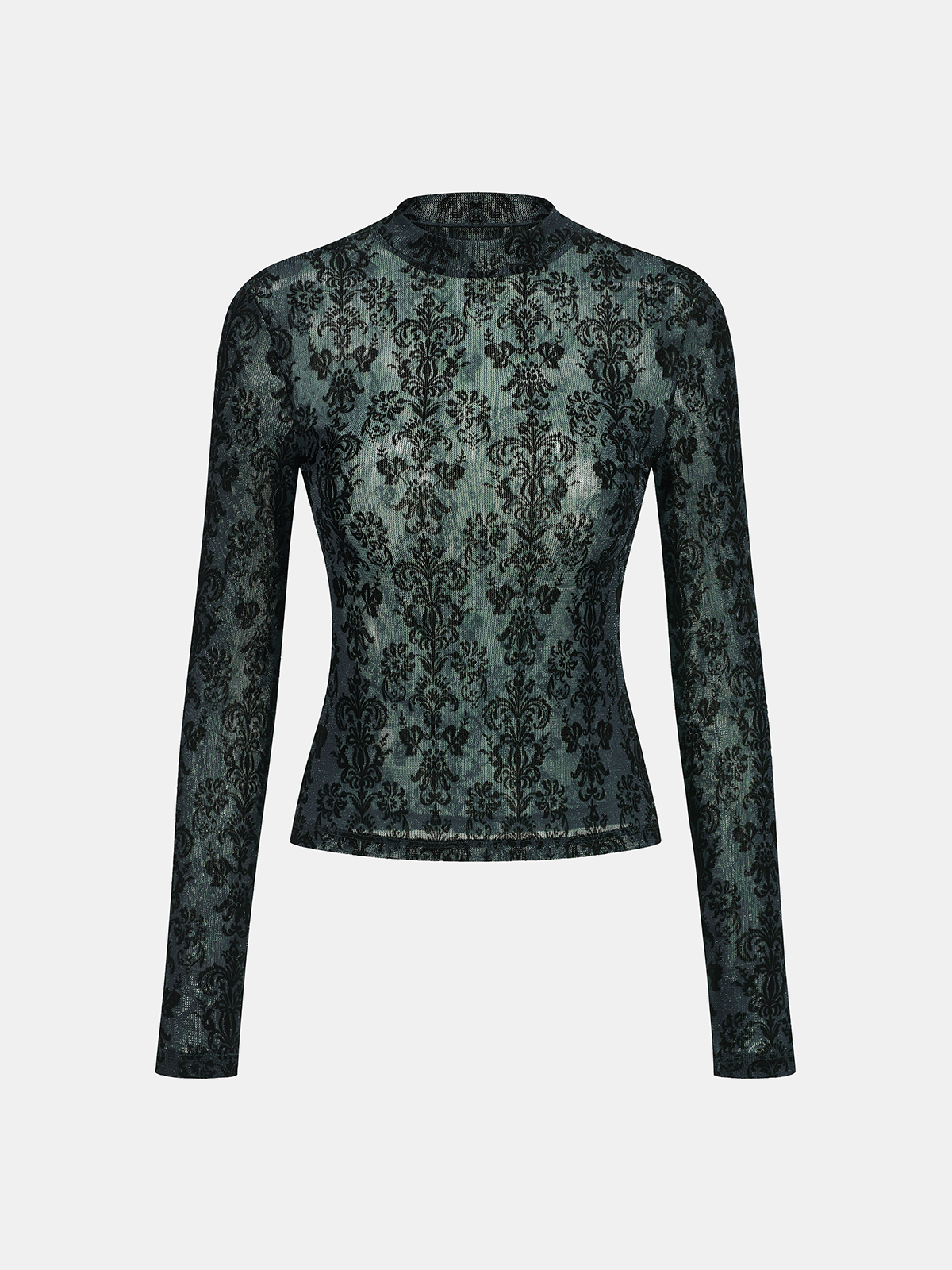 Damask Print Mock Neck T-Shirt-Chicvia